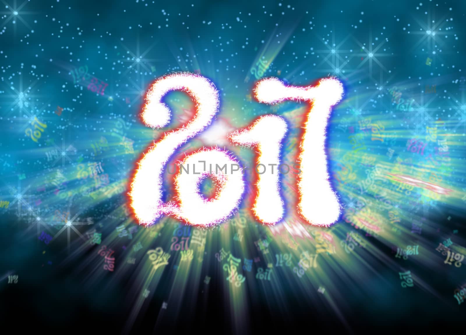 Happy new year 2017 isolated numbers written with light on bright bokeh background full of flying digits 3d illustration by skrotov