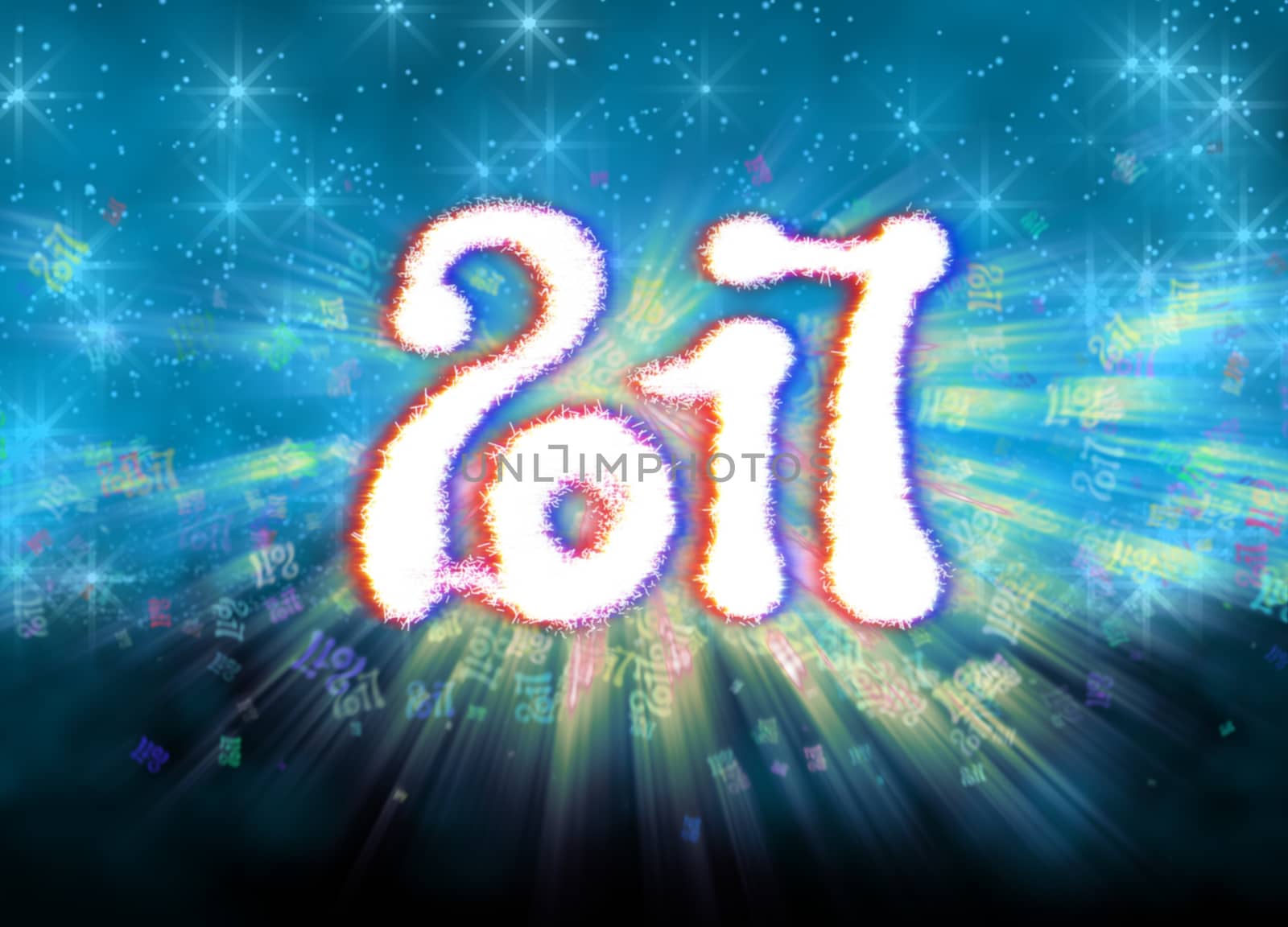 Happy new year 2017 isolated numbers written with light on bright bokeh background full of flying digits 3d illustration.