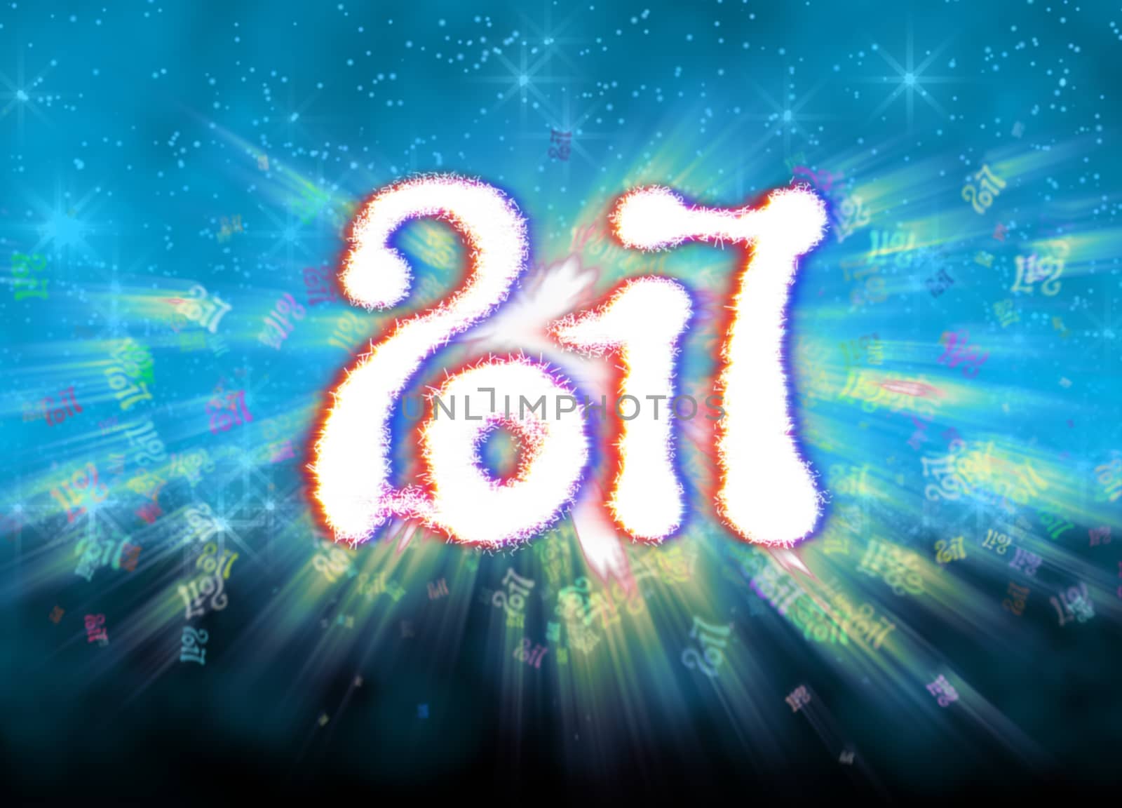 Happy new year 2017 isolated numbers written with light on bright bokeh background full of flying digits 3d illustration by skrotov