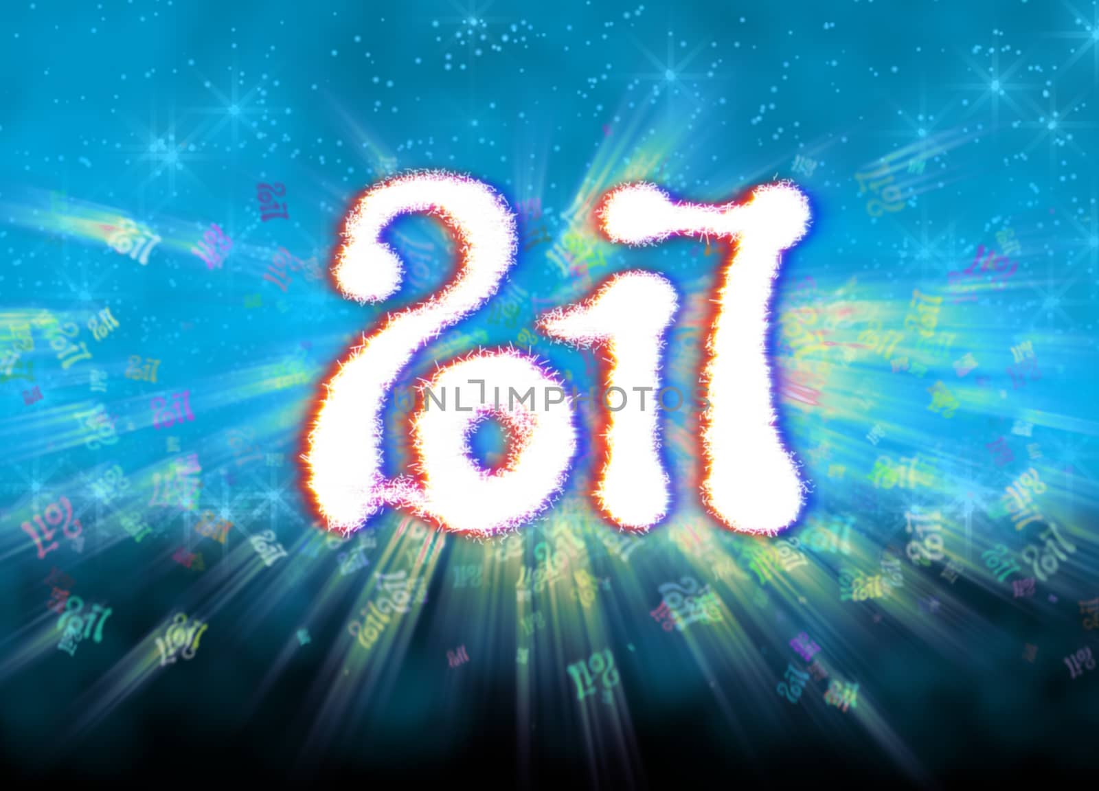 Happy new year 2017 isolated numbers written with light on bright bokeh background full of flying digits 3d illustration by skrotov