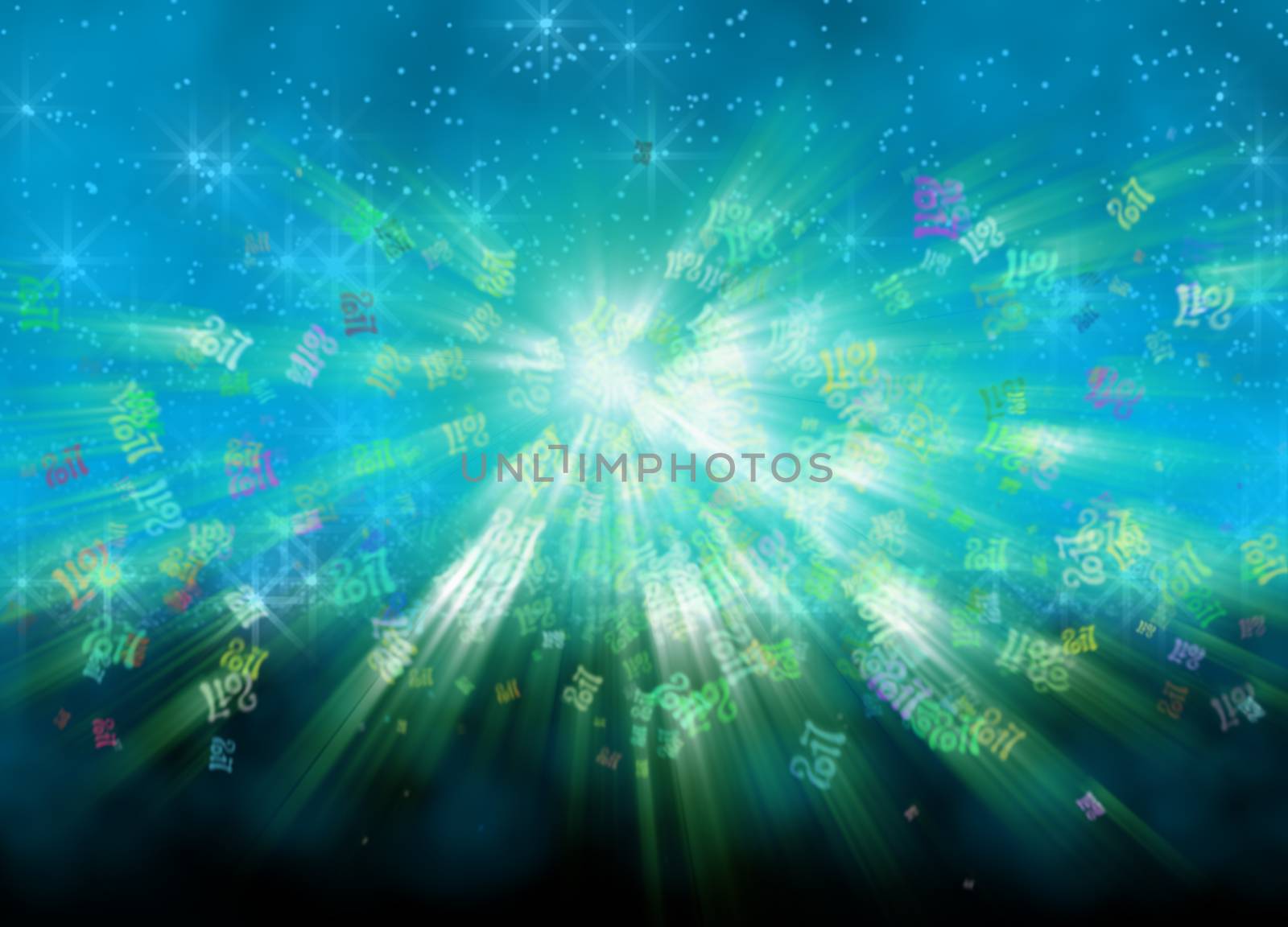 Happy new year 2017 flying digits numbers written with light on bright bokeh background. 3d illustration by skrotov