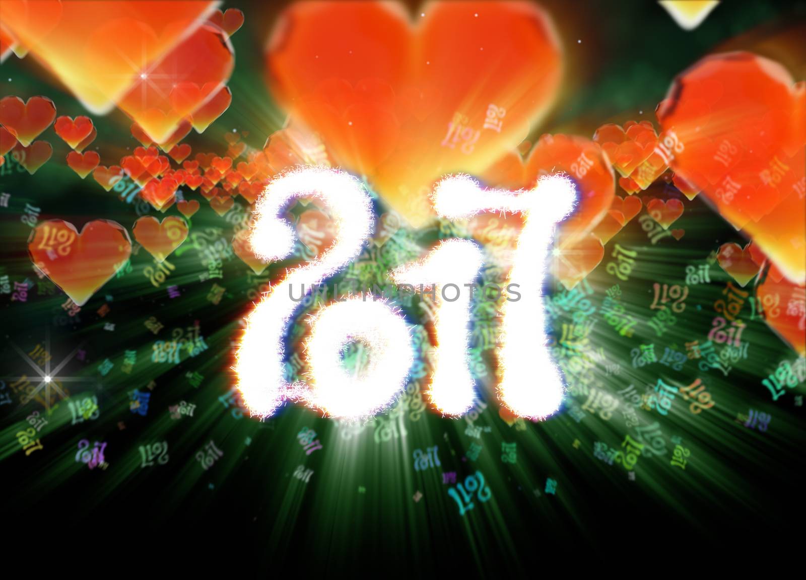 Happy new year 2017 isolated numbers written with light on dark bokeh background and red flying hearts 3d illustration.