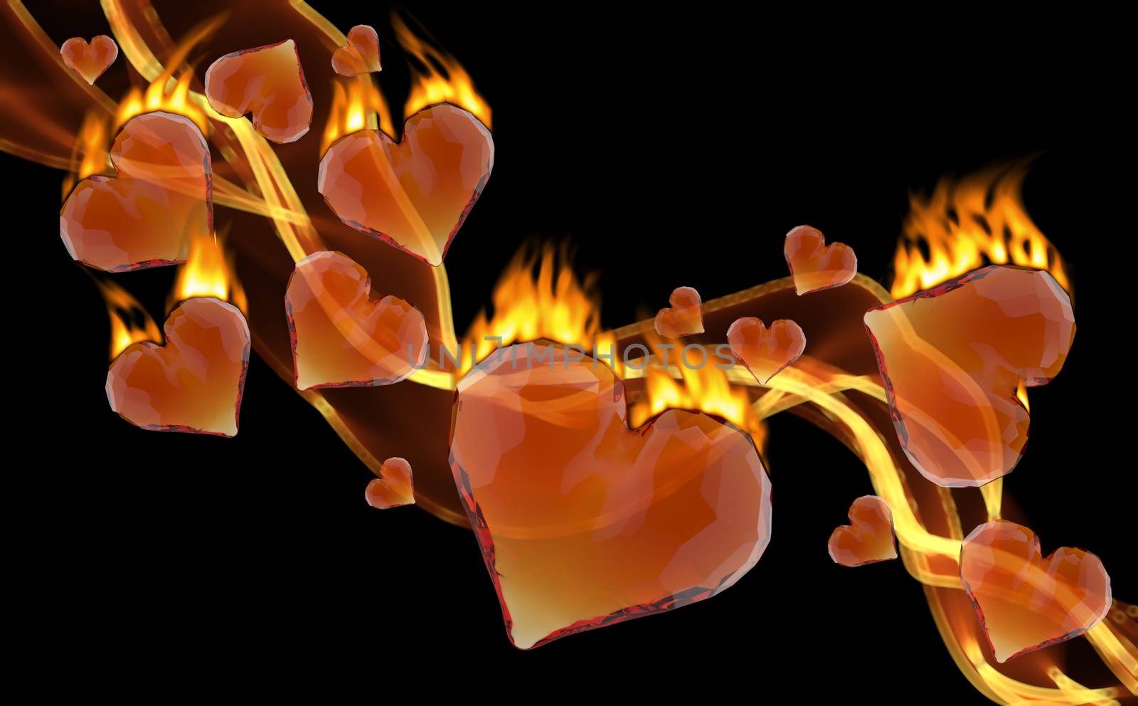 Red burning gem hearts leading fire smoke wave isolated on dark background. Geometric rumpled triangular low poly style graphic 3d render illustration. Raster polygonal design for your business.