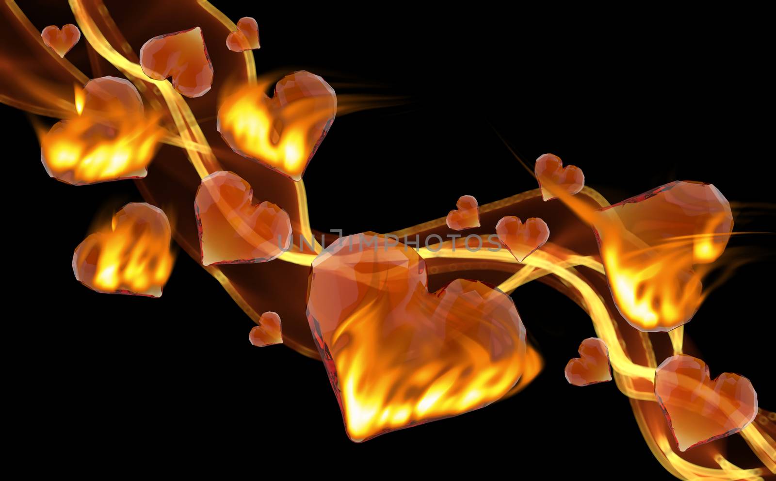 Red burning gem hearts leading fire smoke wave isolated on dark background. Geometric rumpled triangular low poly style graphic 3d render illustration. Raster polygonal design for your business.