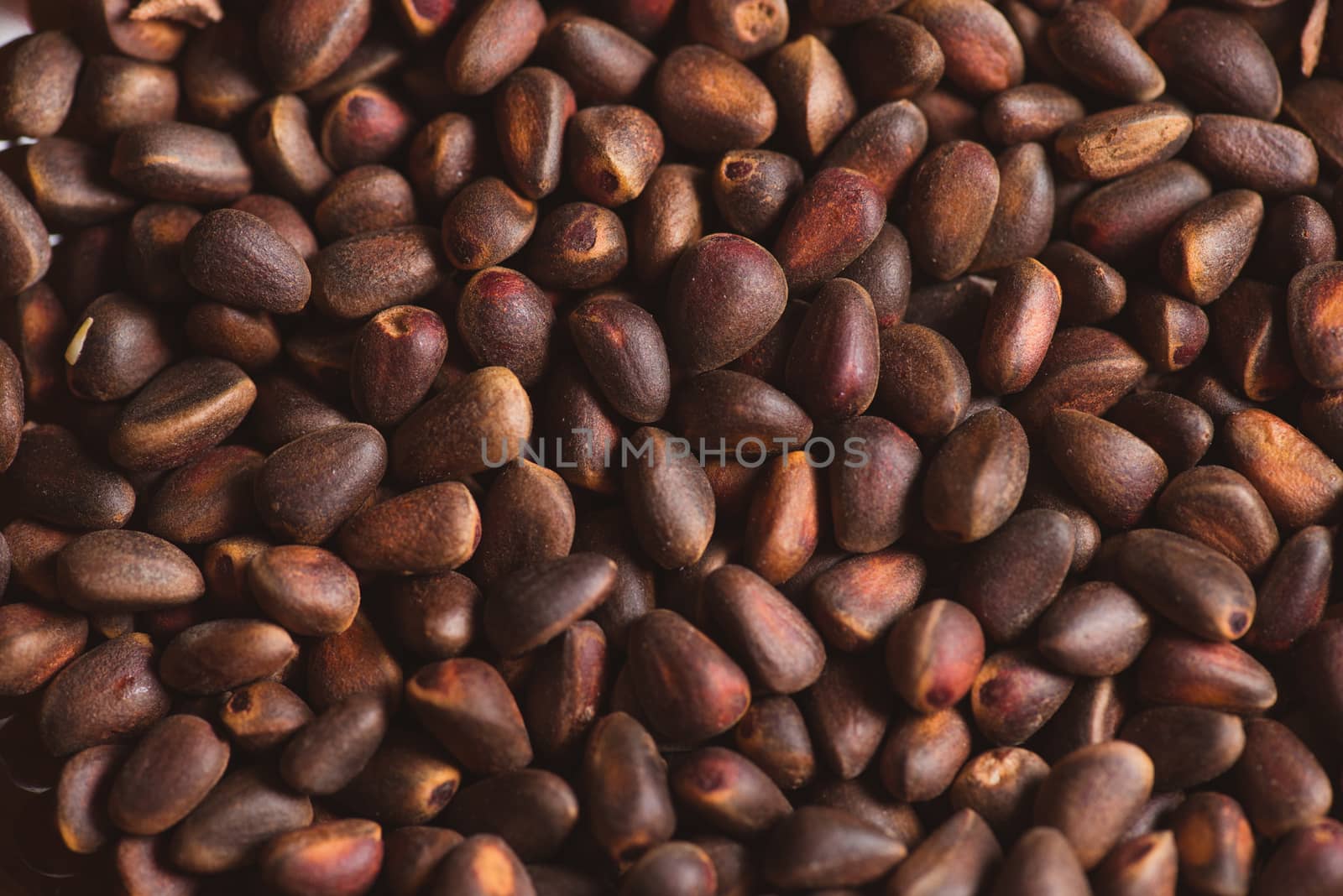 Pine nuts in shells of ciberian cedar as a background. Macro by skrotov