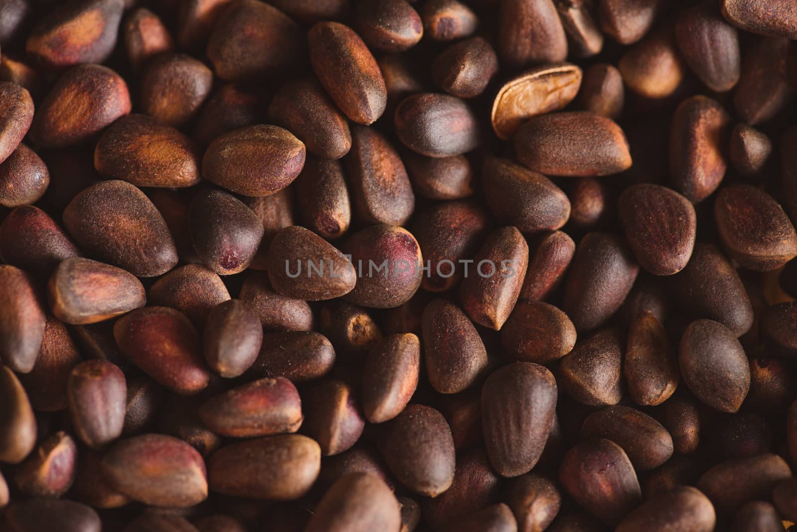 Pine nuts in shells of ciberian cedar as a background. Macro by skrotov