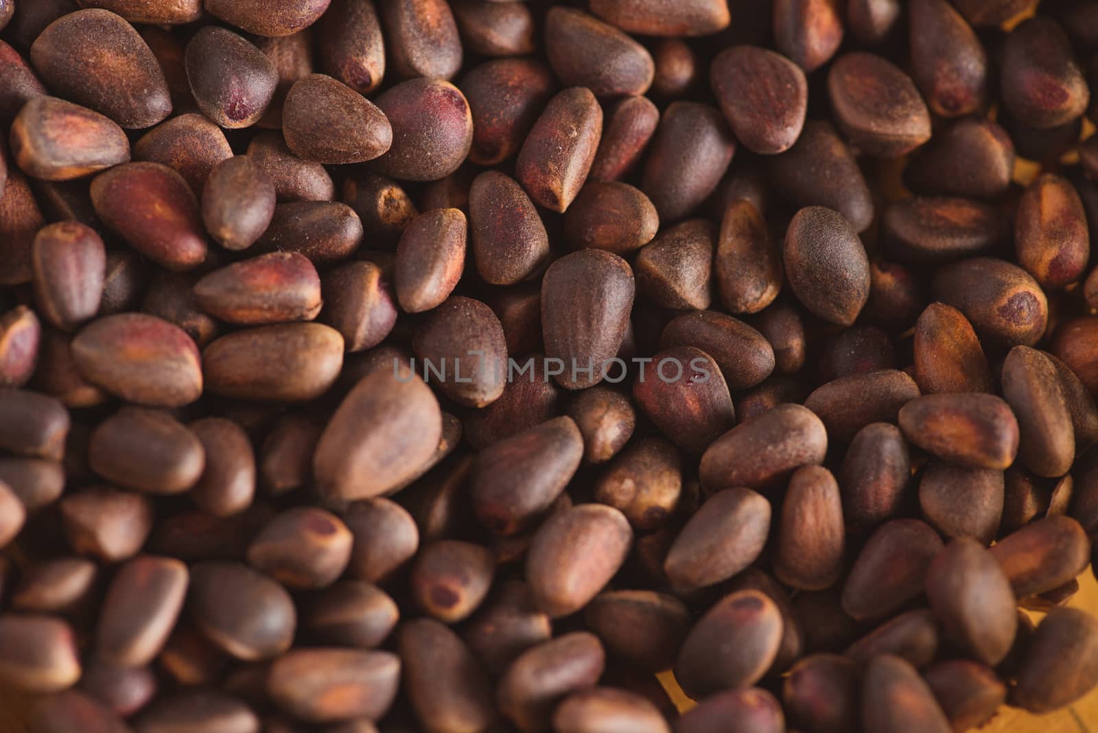 Pine nuts in shells of ciberian cedar as a background. Macro.