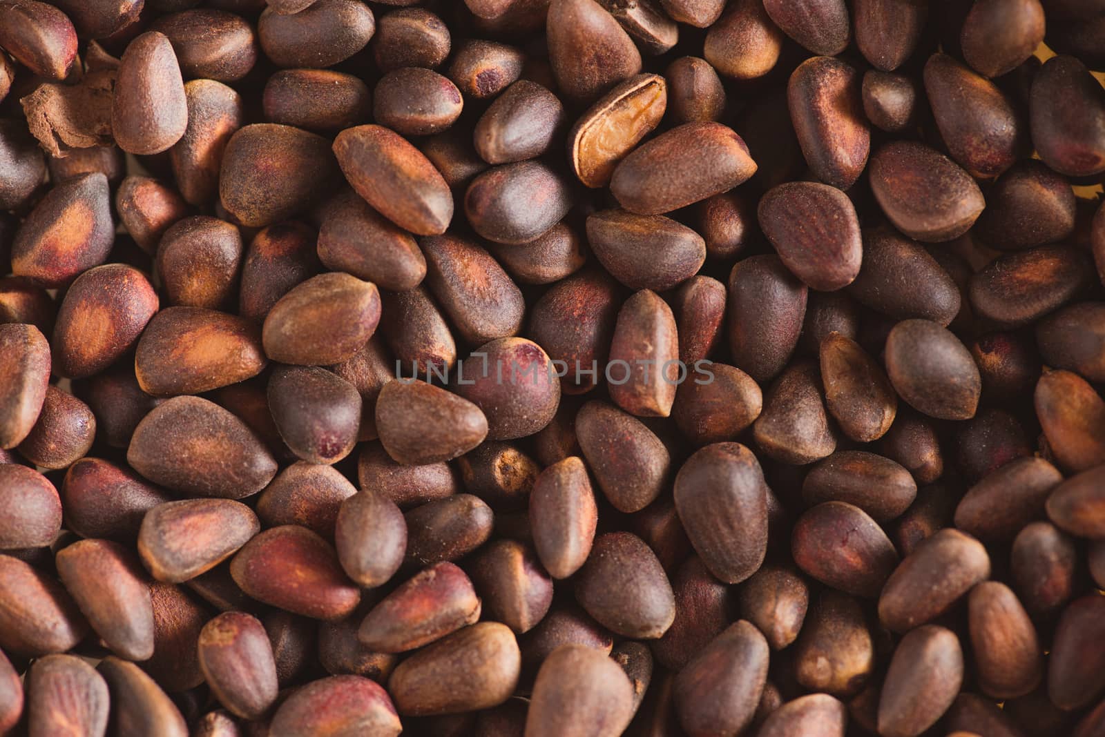 Pine nuts in shells of ciberian cedar as a background. Macro by skrotov