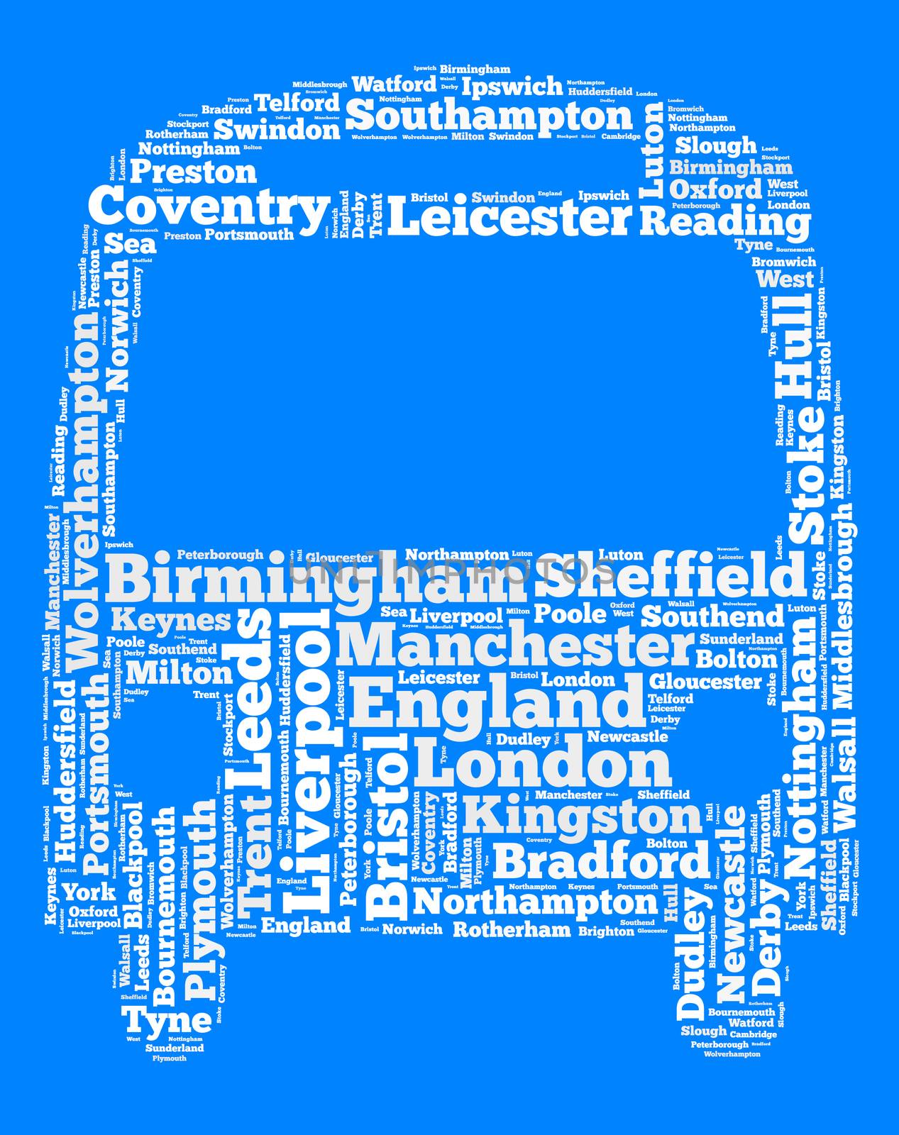 Localities in England word cloud concept over bus shape