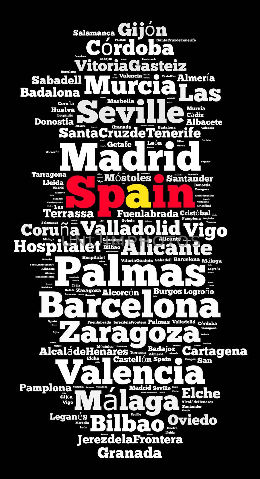 Localities in Spain word cloud concept over dark background