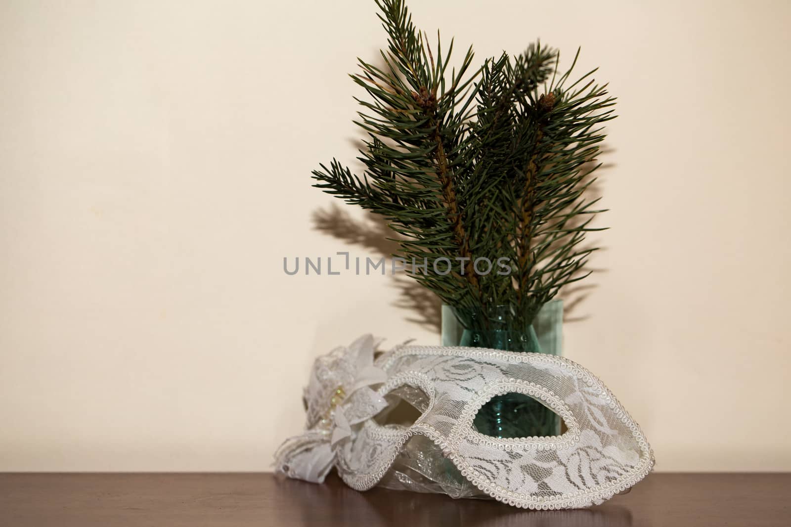 Christmas white mask and fir branch. by boys1983@mail.ru