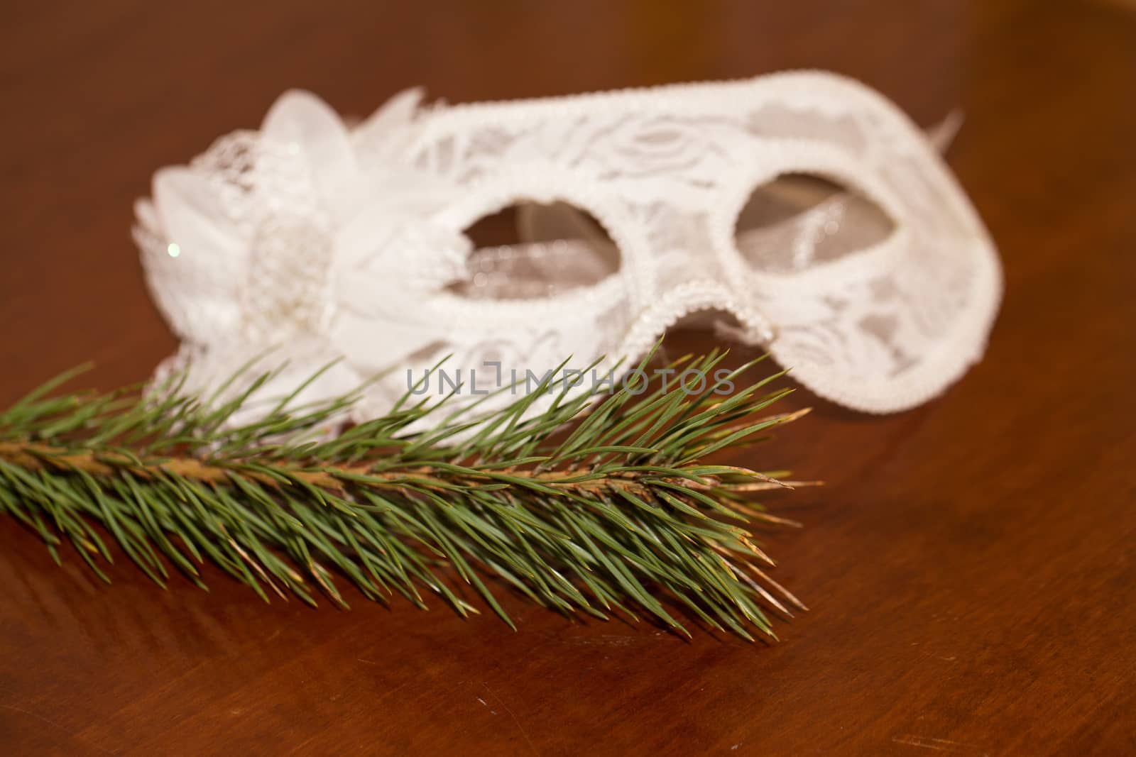 Christmas white mask and fir branch