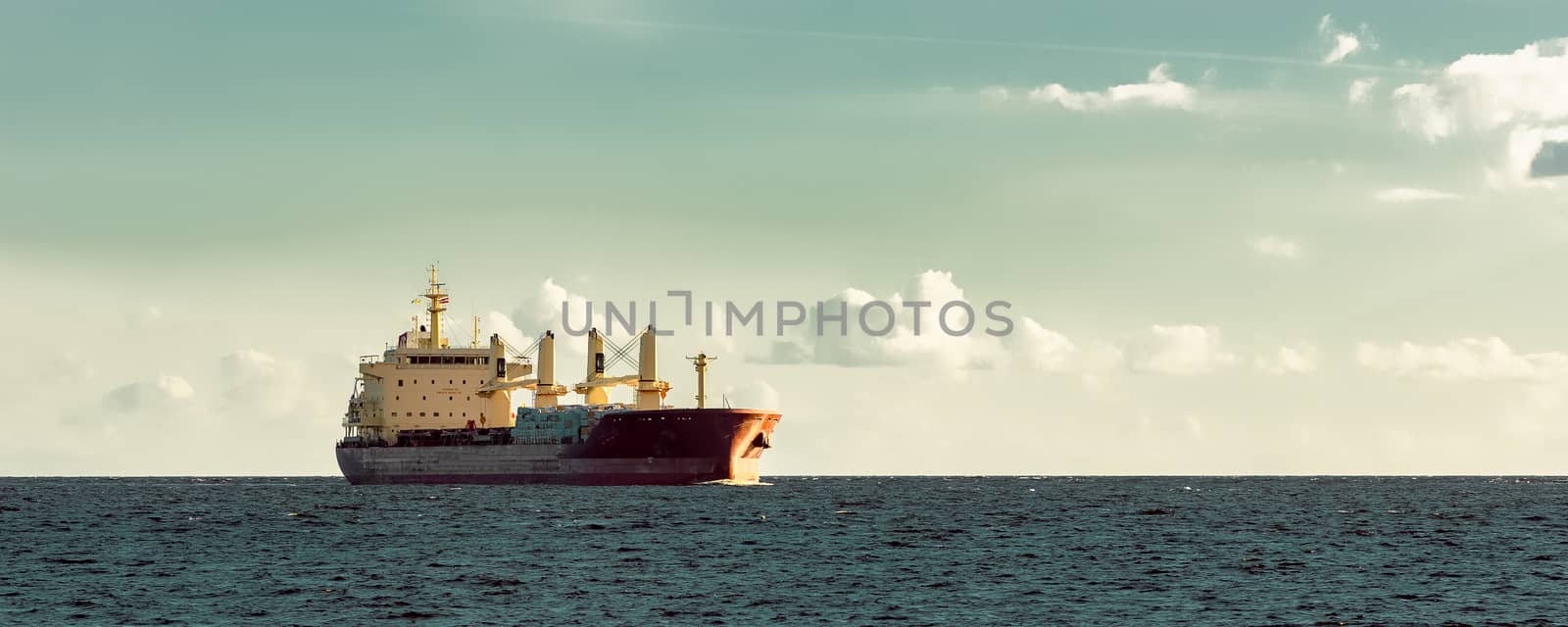 Red cargo ship (bulk carrier) sailing in open sea