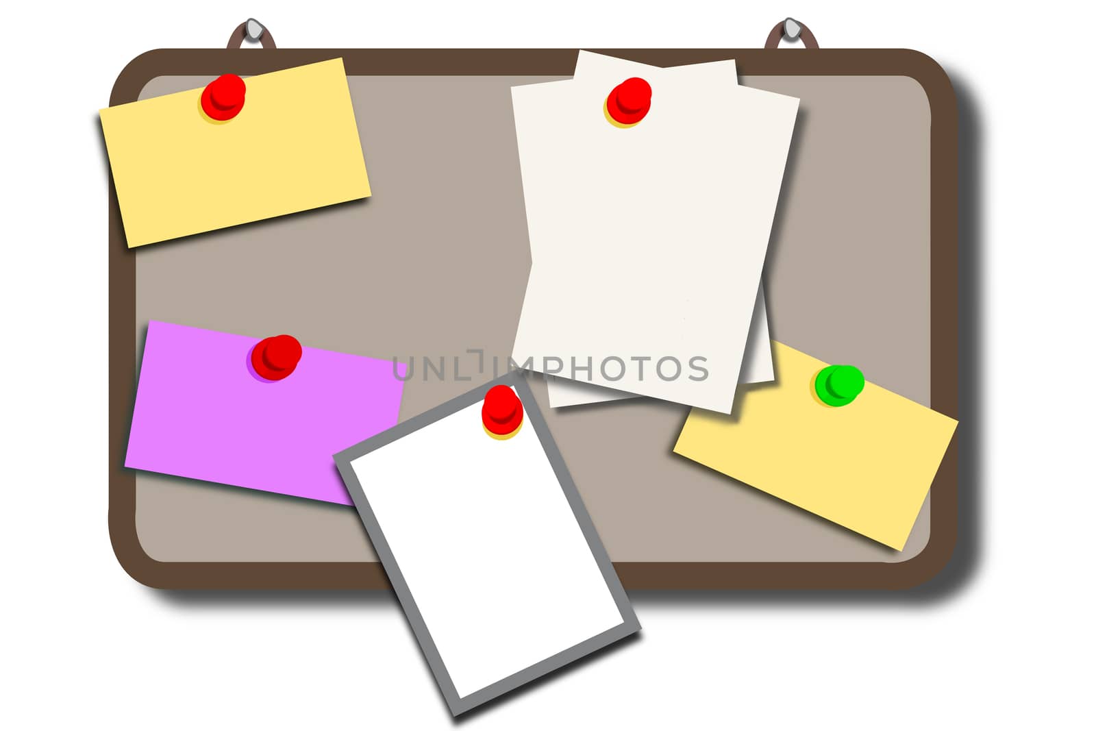 Pin board with different color notes, 3D illustration