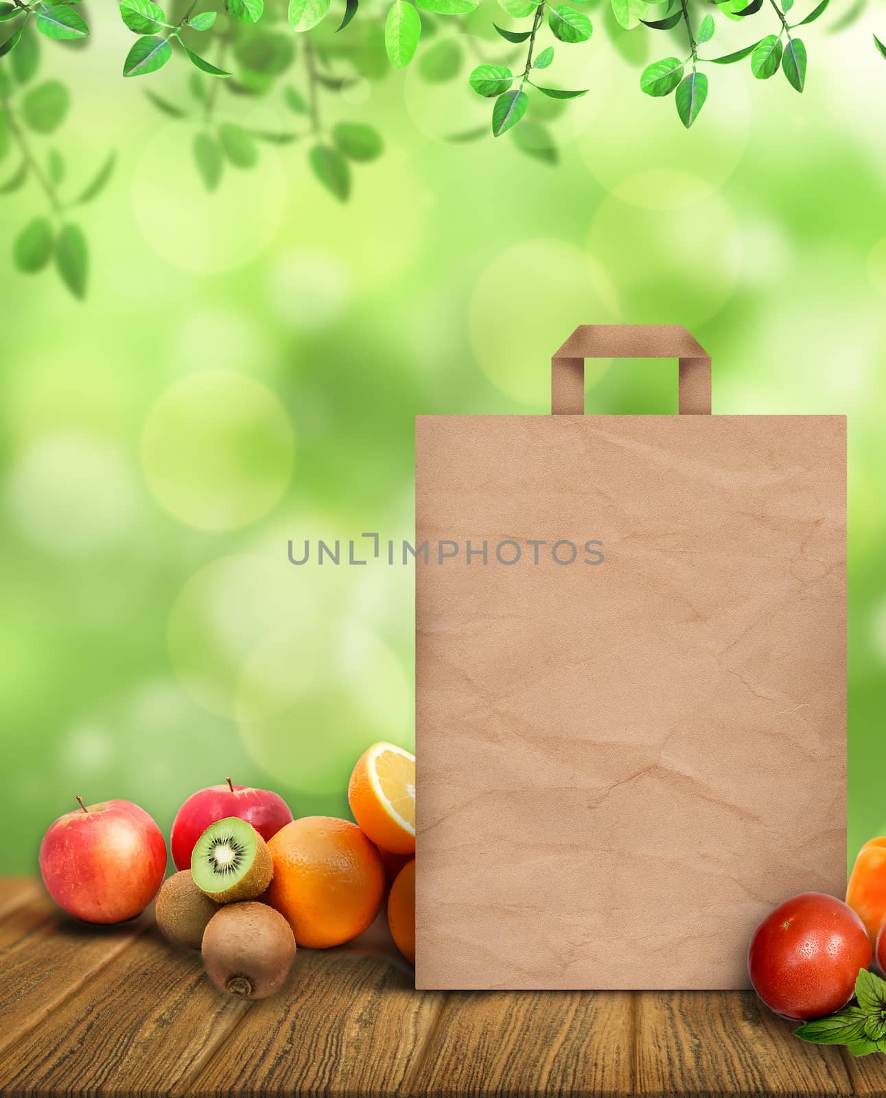 shopping paper bag, vegetables and fruits