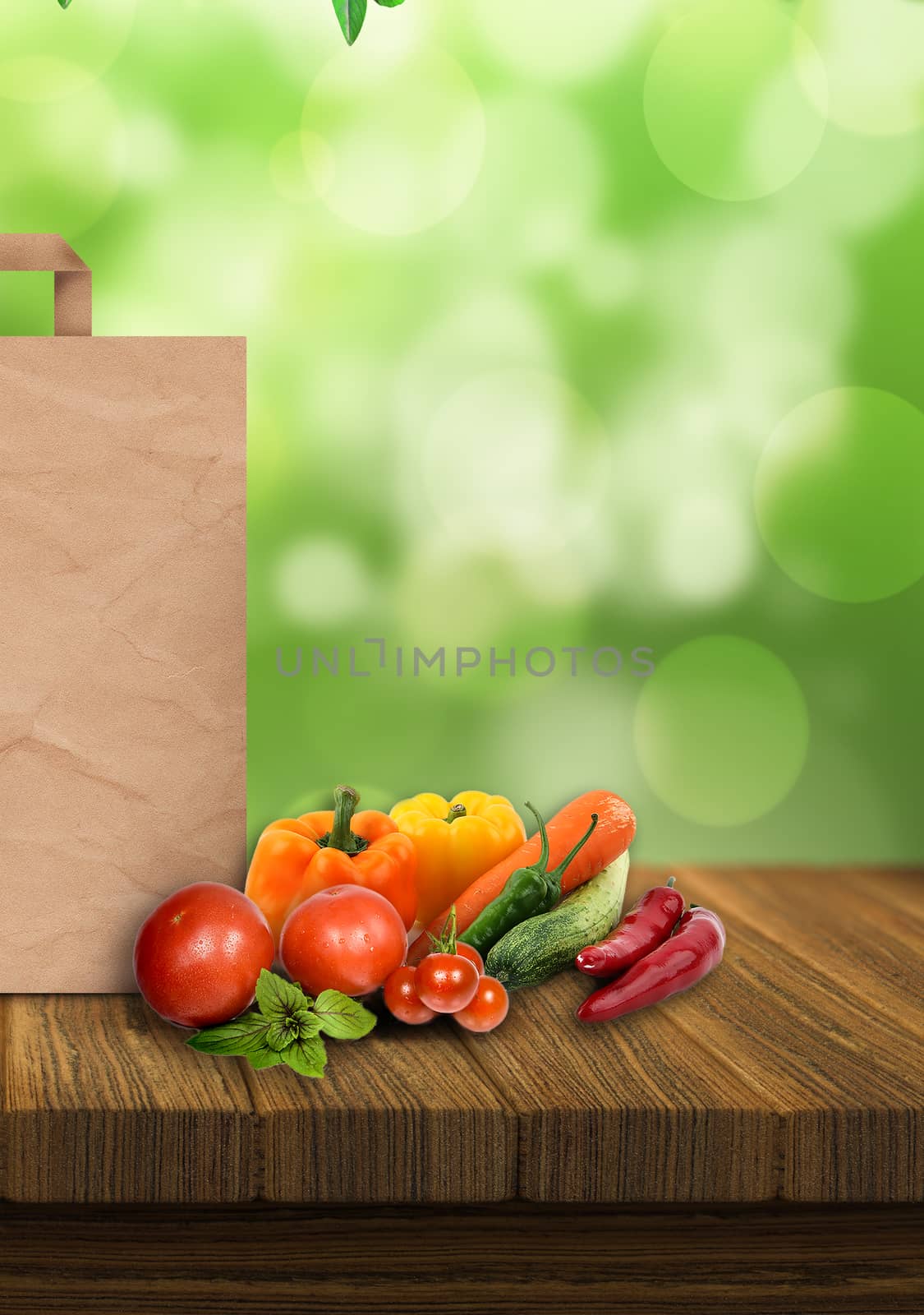 shopping paper bag, vegetables and fruits