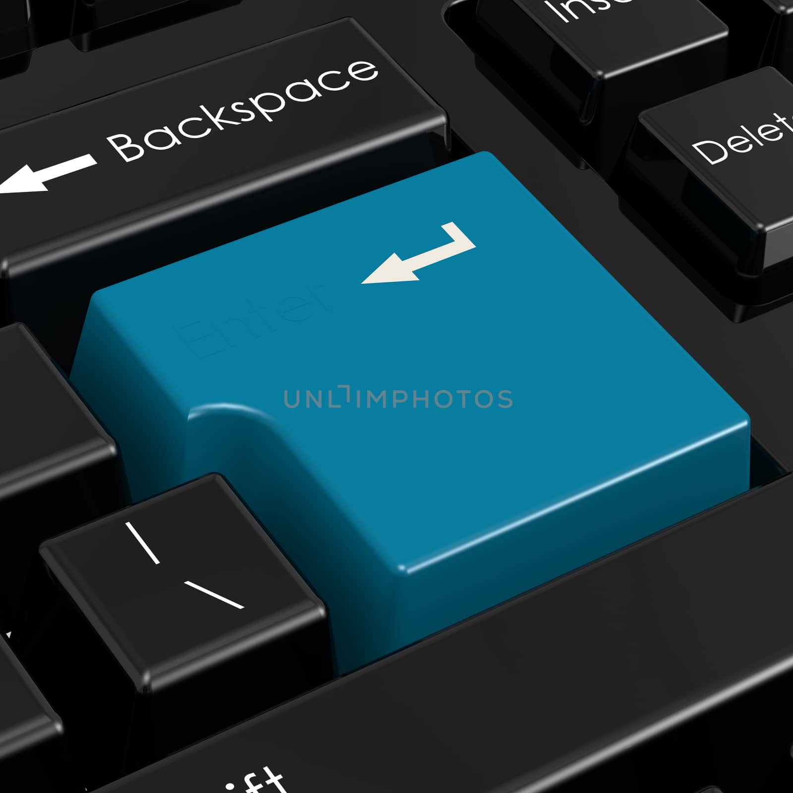 Blue enter button in black keyboard image with hi-res rendered artwork that could be used for any graphic design.