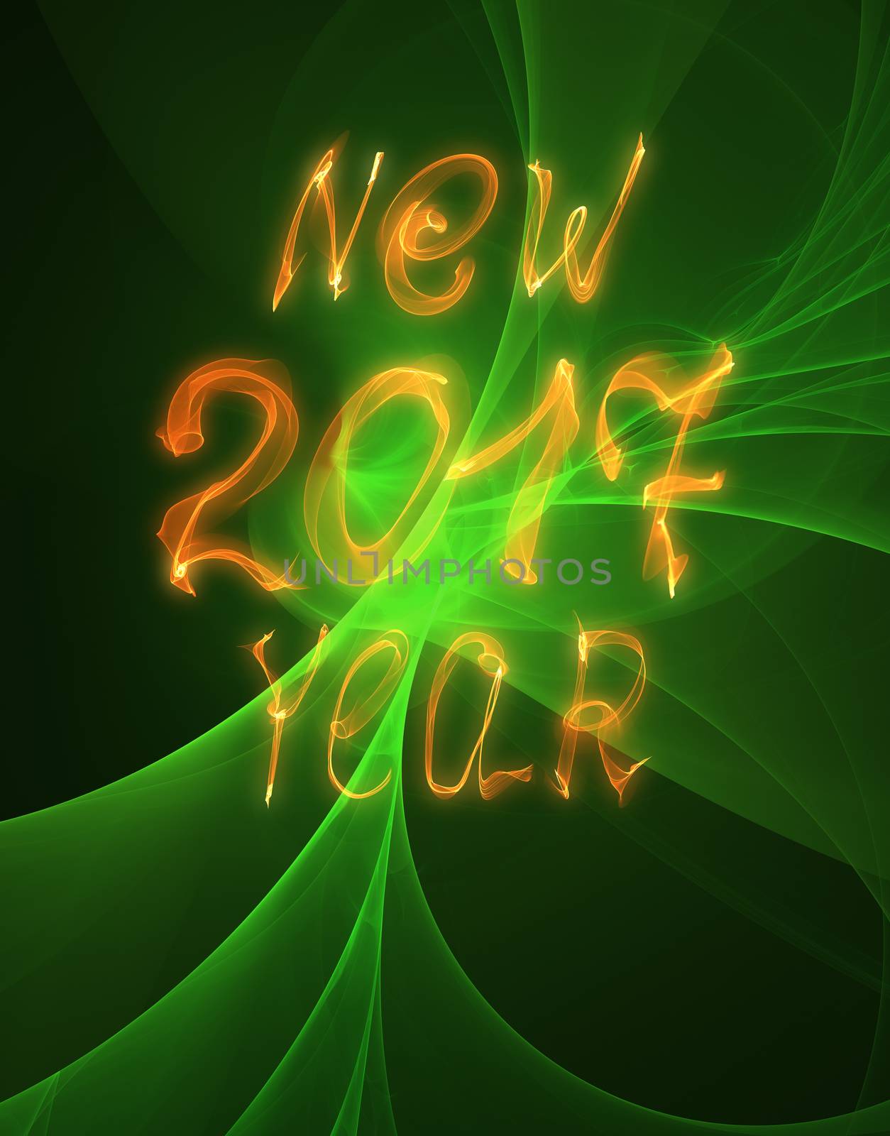 Happy new year 2017 isolated text and numbers written with flame light on bright abstract universe background.