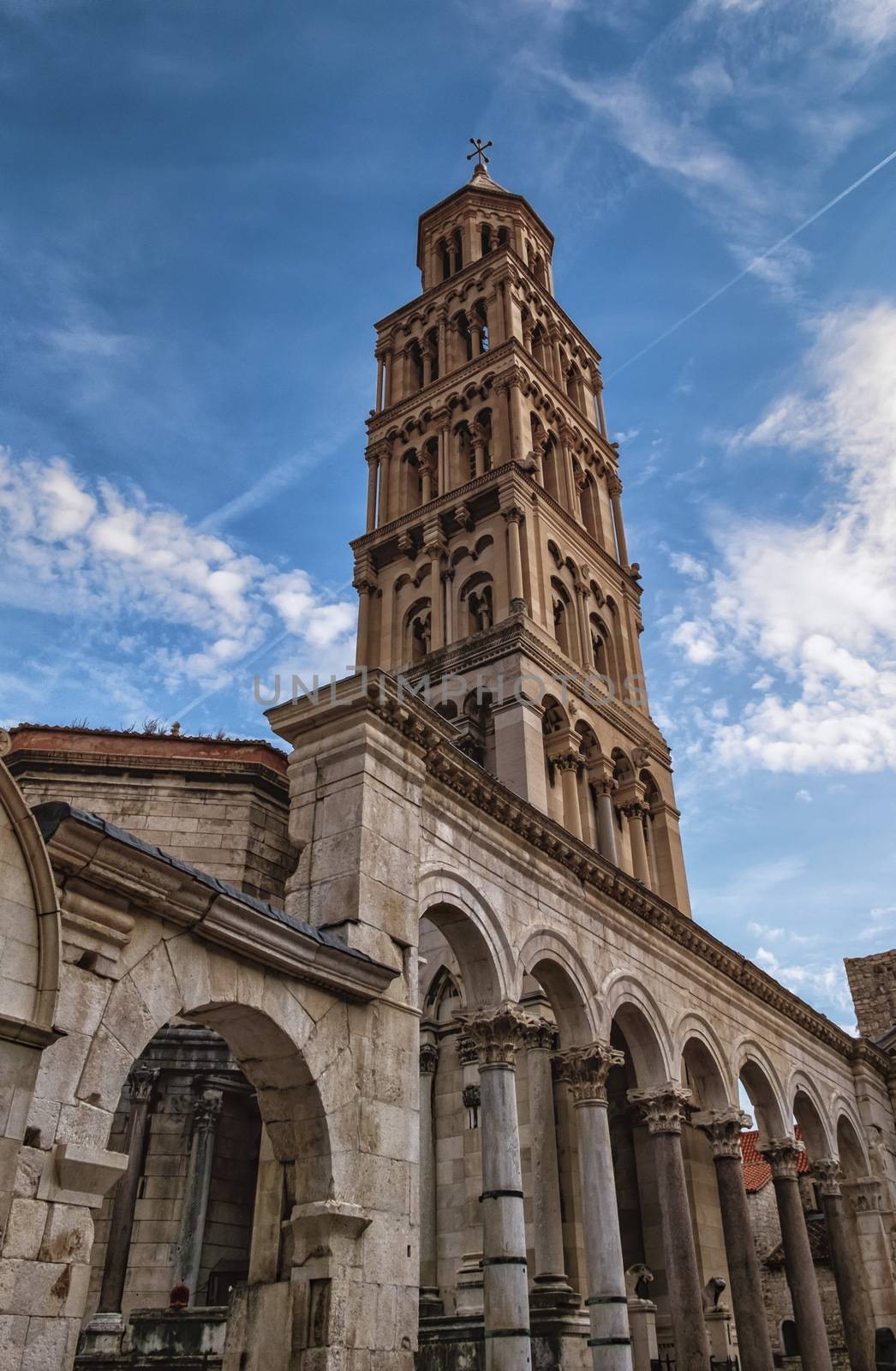 Cclose up on Cathedral of Saint Domnius, Dujam, Duje, bell tower in old town, Split, Croatia, HDR by day