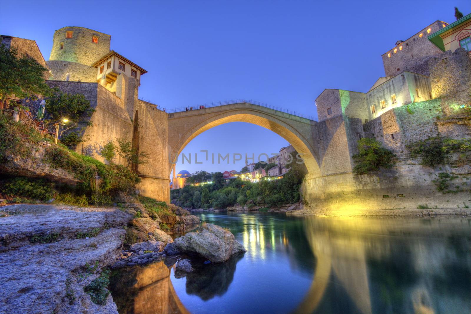Stari Most, old bridge in Mostar by night, Bosnia and Herzegovina, HDR