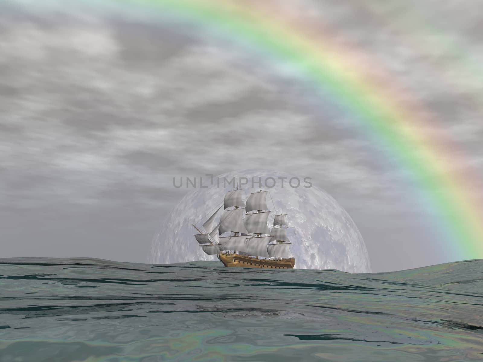 Old merchant ship under the rainbow on the ocean by cloudy day - 3D render