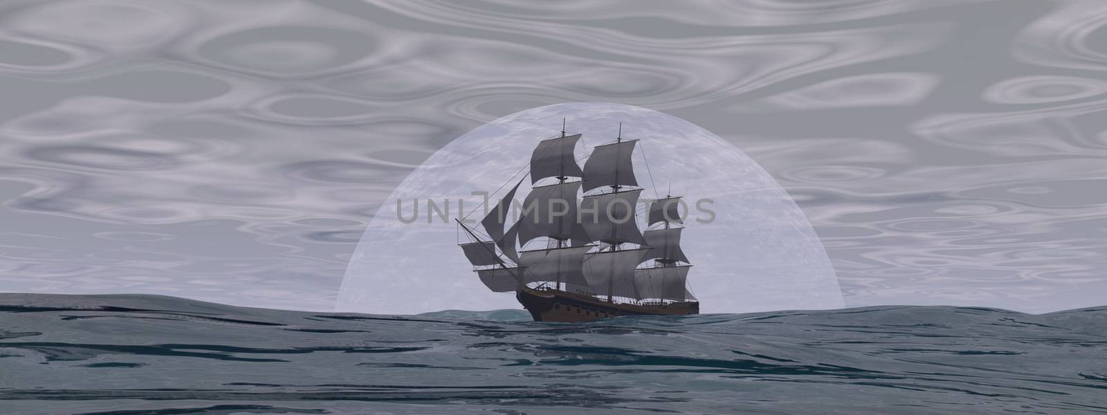 Old merchant ship in front of the moon on the ocean by cloudy day - 3D render