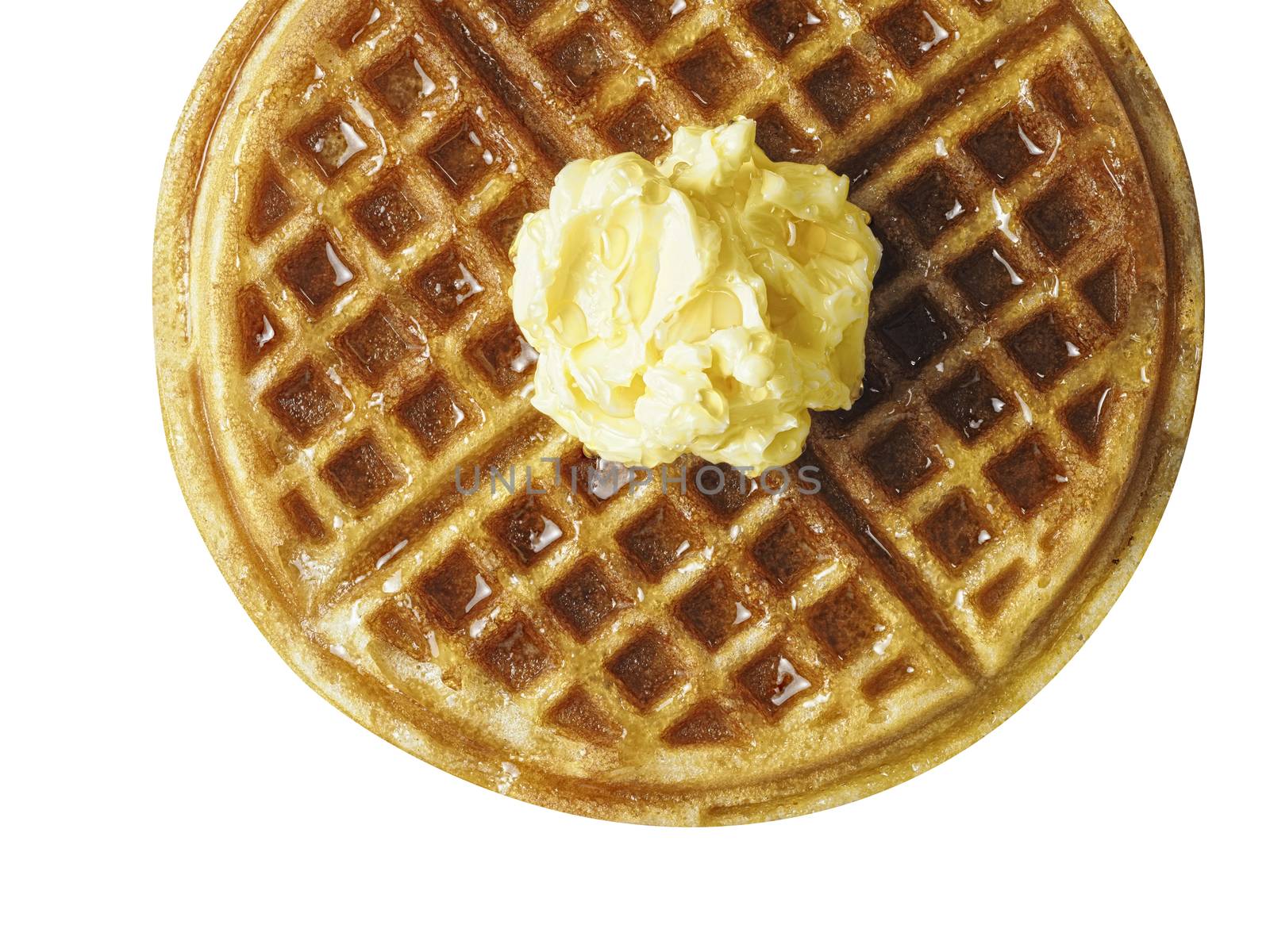 close up of traditional classic belgium american waffle with butter and maple syrup