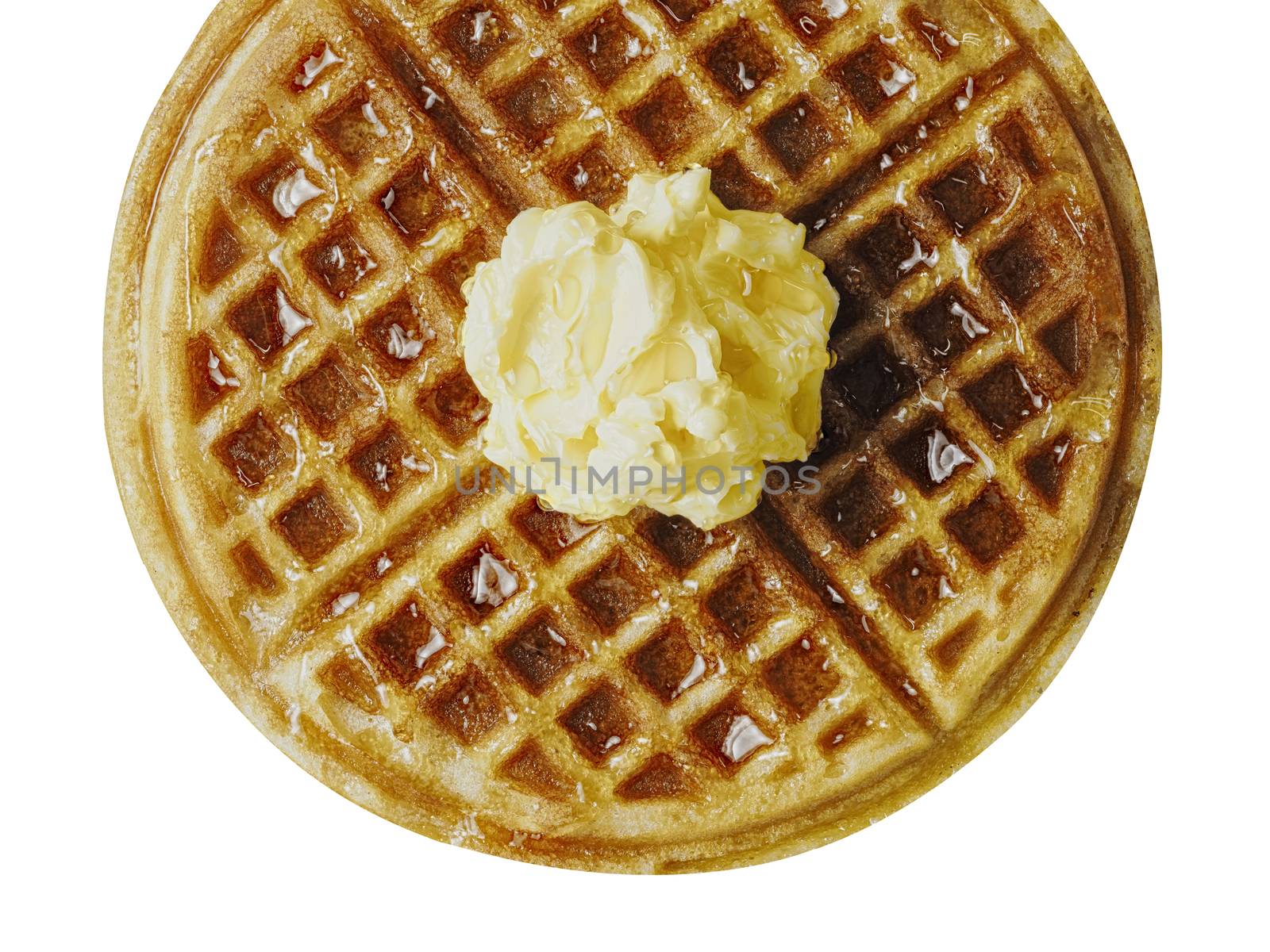 close up of traditional classic belgium american waffle with butter and maple syrup