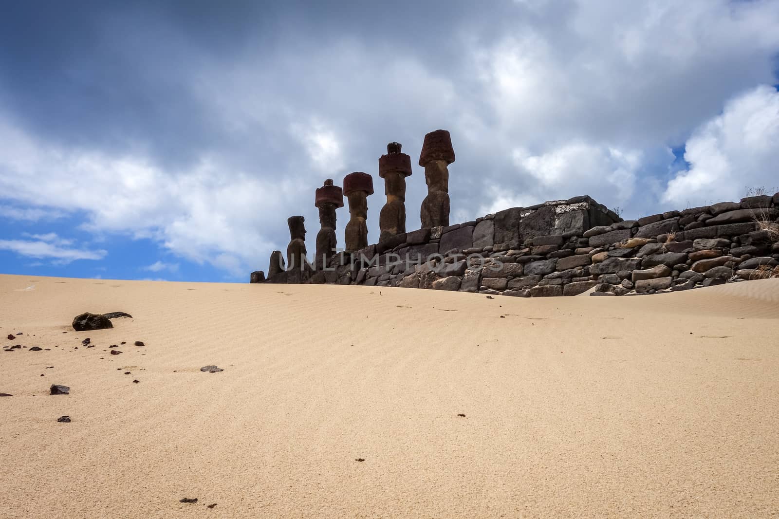 Moais statues site ahu Nao Nao on anakena beach, easter island by daboost