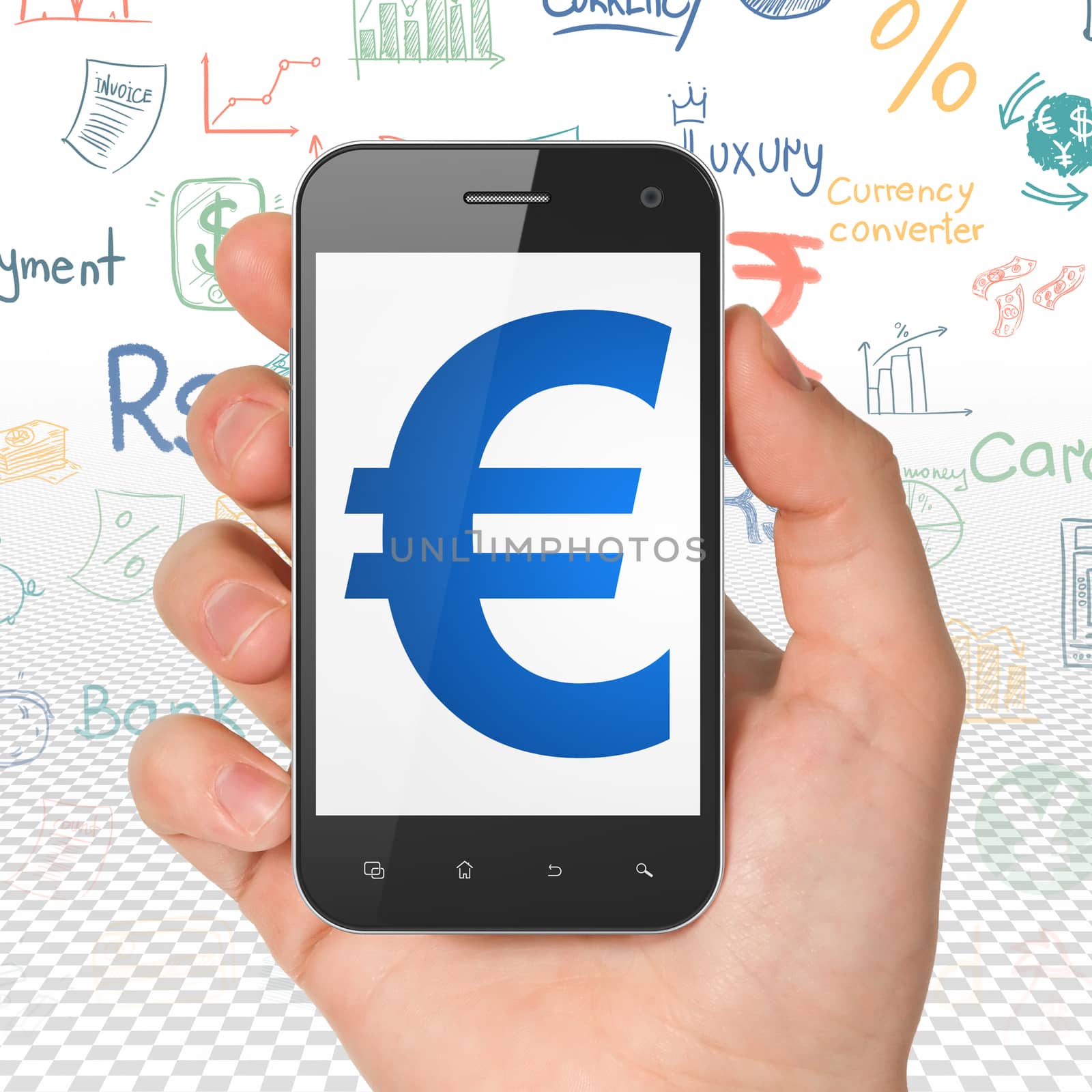Currency concept: Hand Holding Smartphone with Euro on display by maxkabakov
