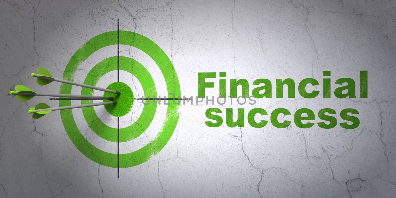 Success money concept: arrows hitting the center of target, Green Financial Success on wall background, 3D rendering