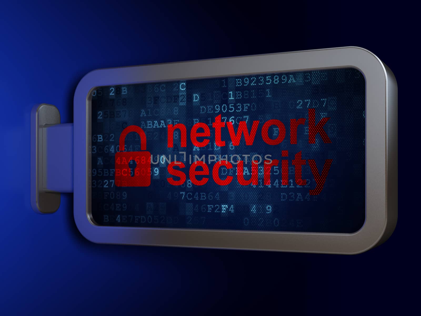 Privacy concept: Network Security and Closed Padlock on advertising billboard background, 3D rendering