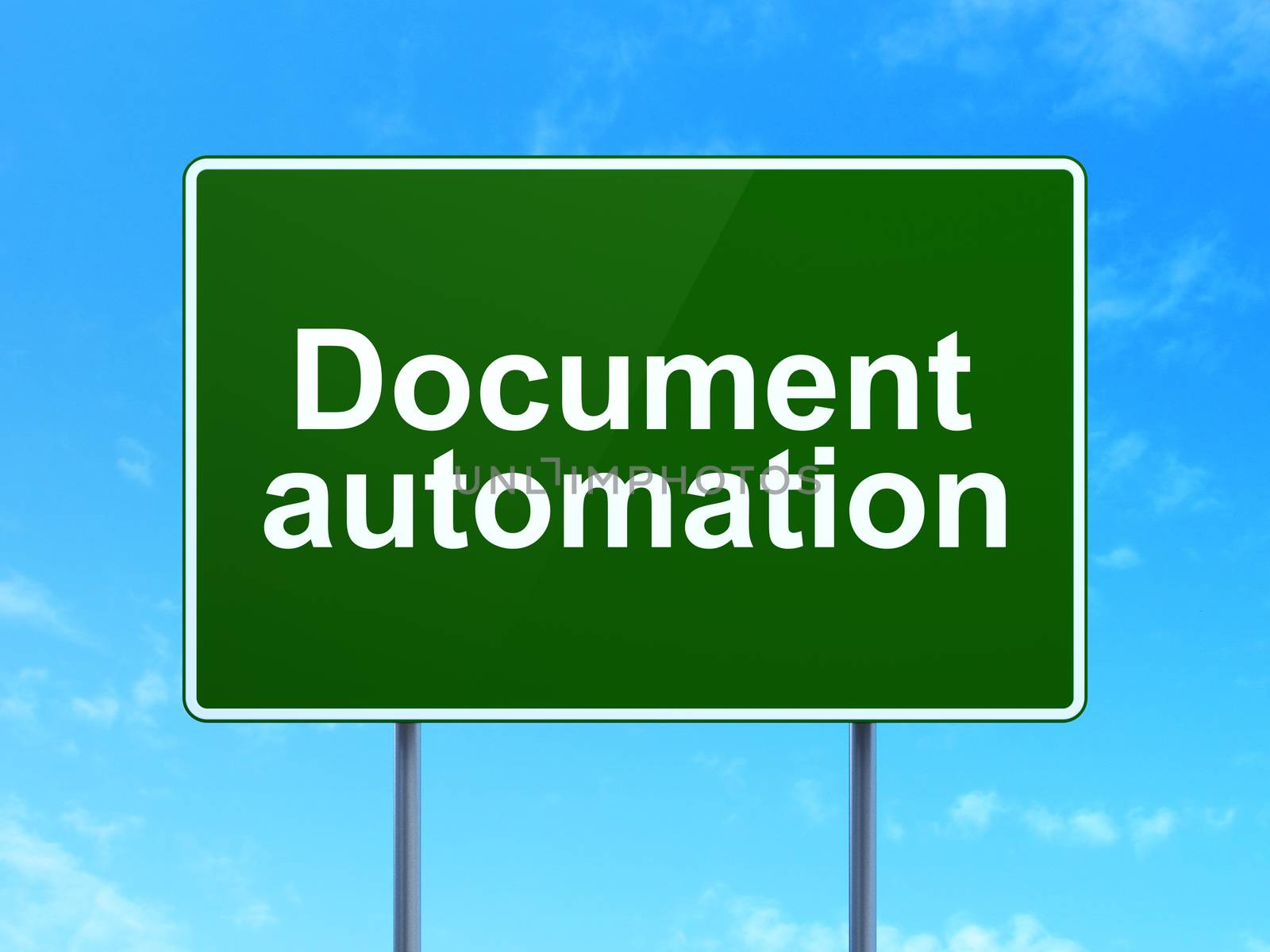 Business concept: Document Automation on green road highway sign, clear blue sky background, 3D rendering