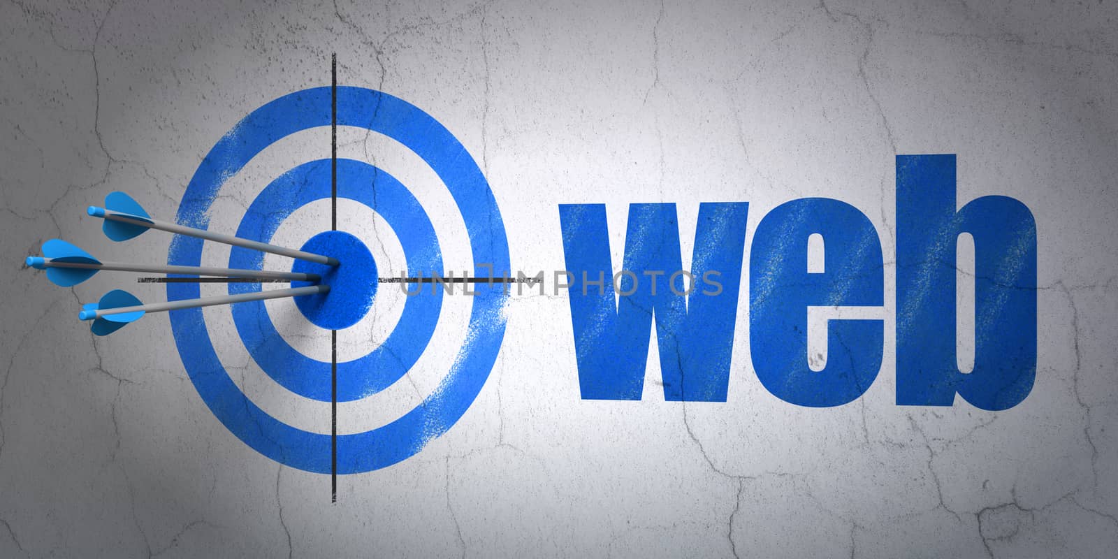 Success web design concept: arrows hitting the center of target, Blue Web on wall background, 3D rendering