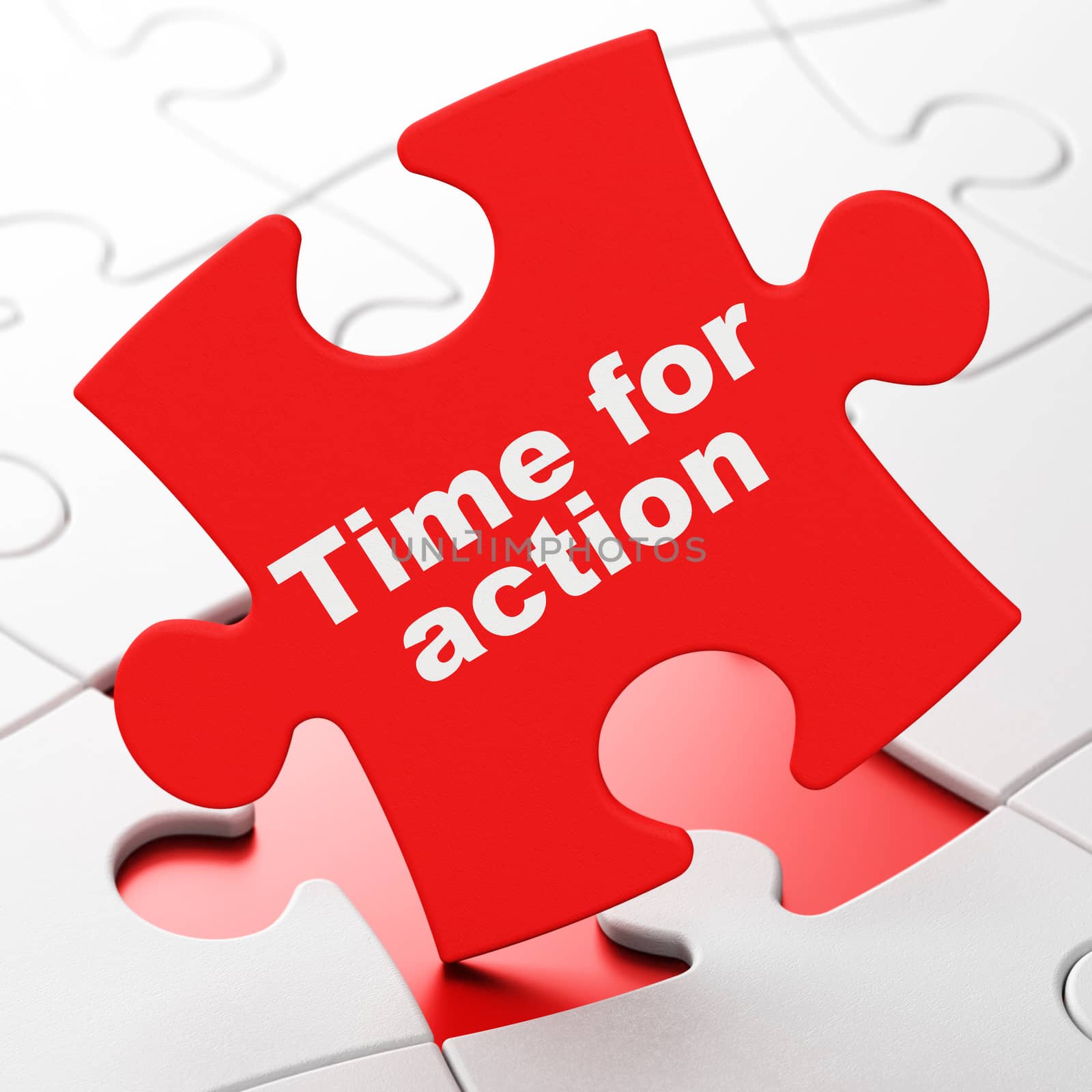 Time concept: Time For Action on Red puzzle pieces background, 3D rendering