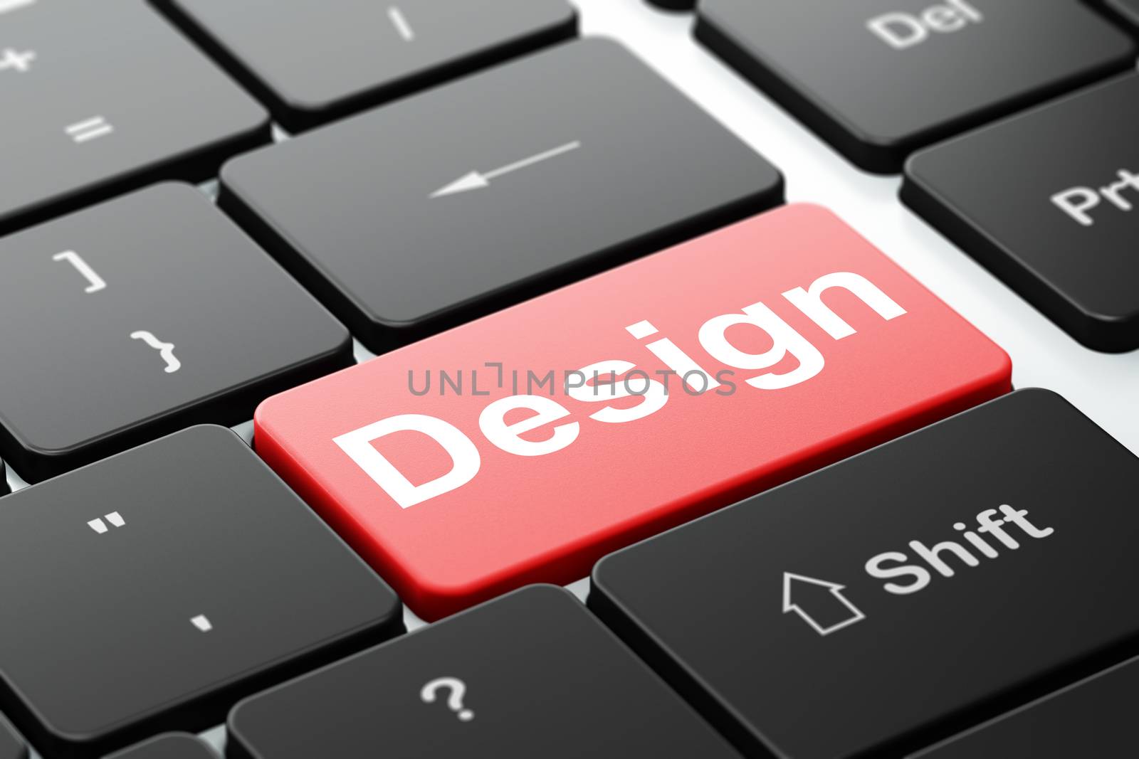 Advertising concept: computer keyboard with word Design, selected focus on enter button background, 3D rendering