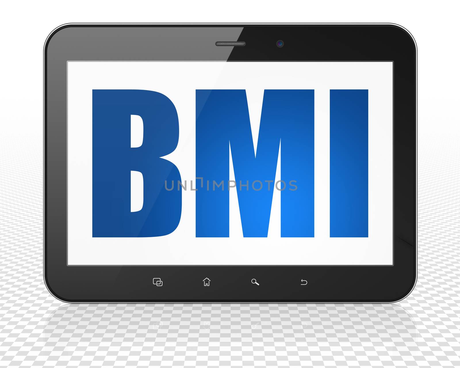 Health concept: Tablet Pc Computer with blue text BMI on display, 3D rendering