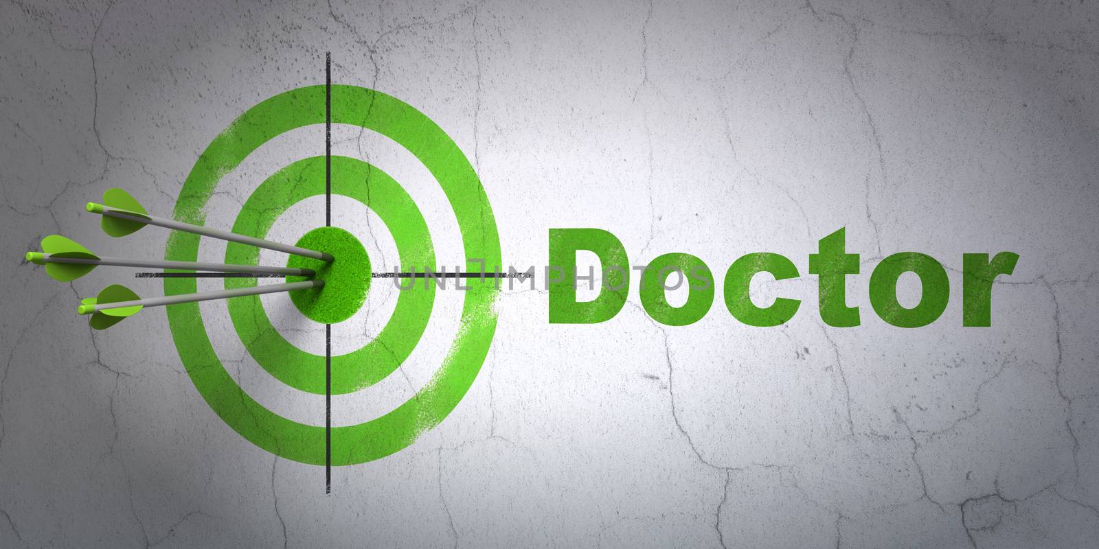 Success Medicine concept: arrows hitting the center of target, Green Doctor on wall background, 3D rendering