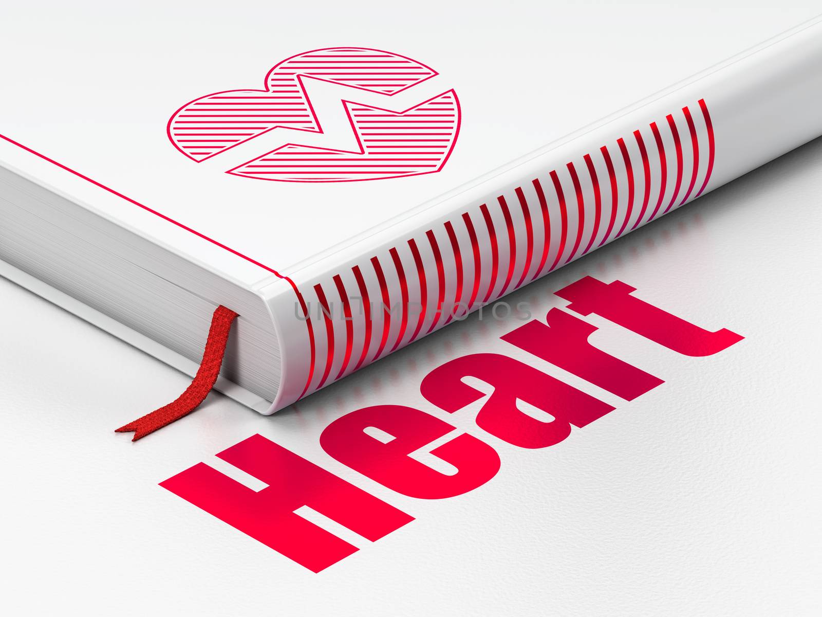 Healthcare concept: closed book with Red Heart icon and text Heart on floor, white background, 3D rendering