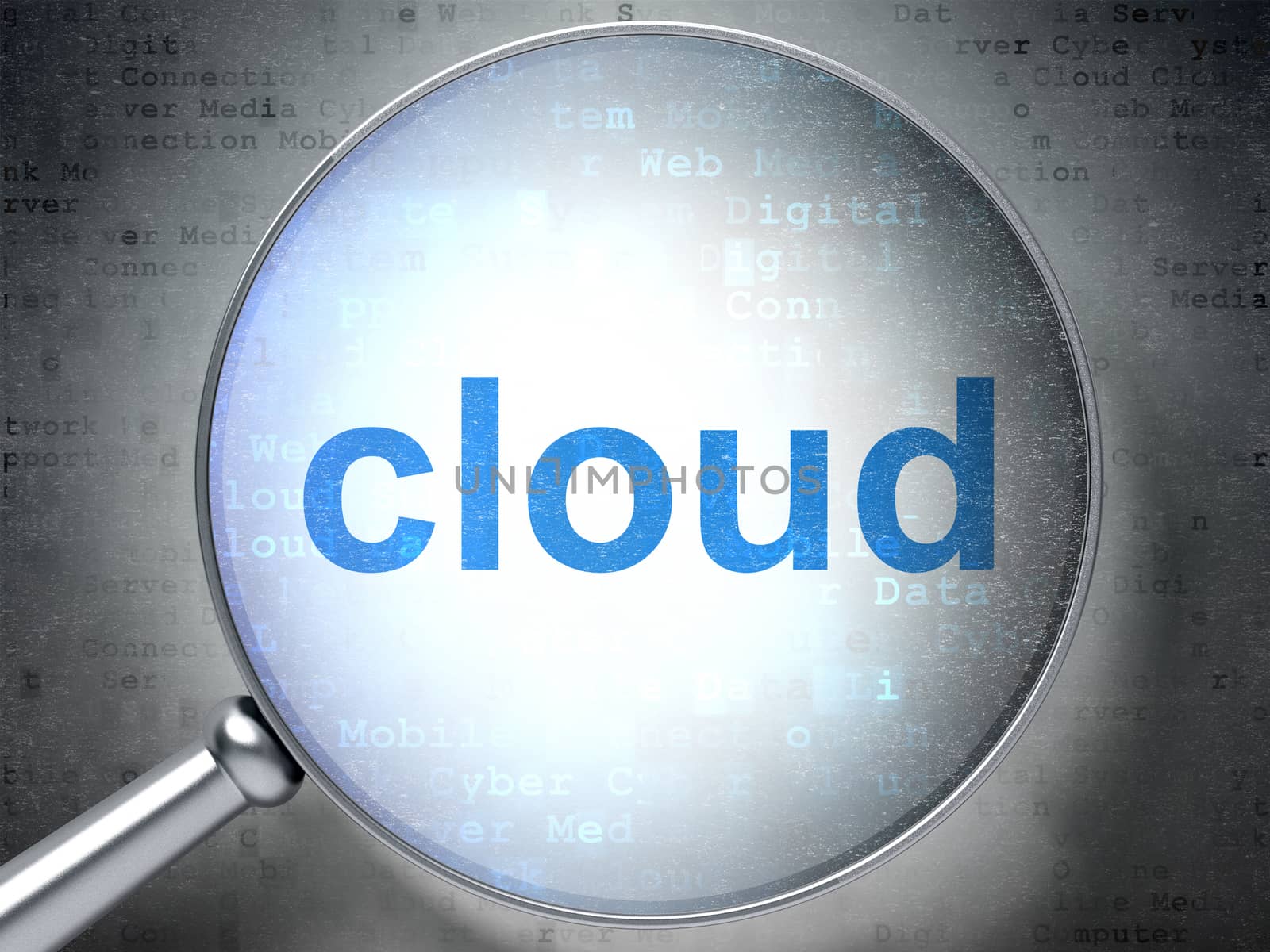 Cloud technology concept: magnifying optical glass with words Cloud on digital background, 3D rendering