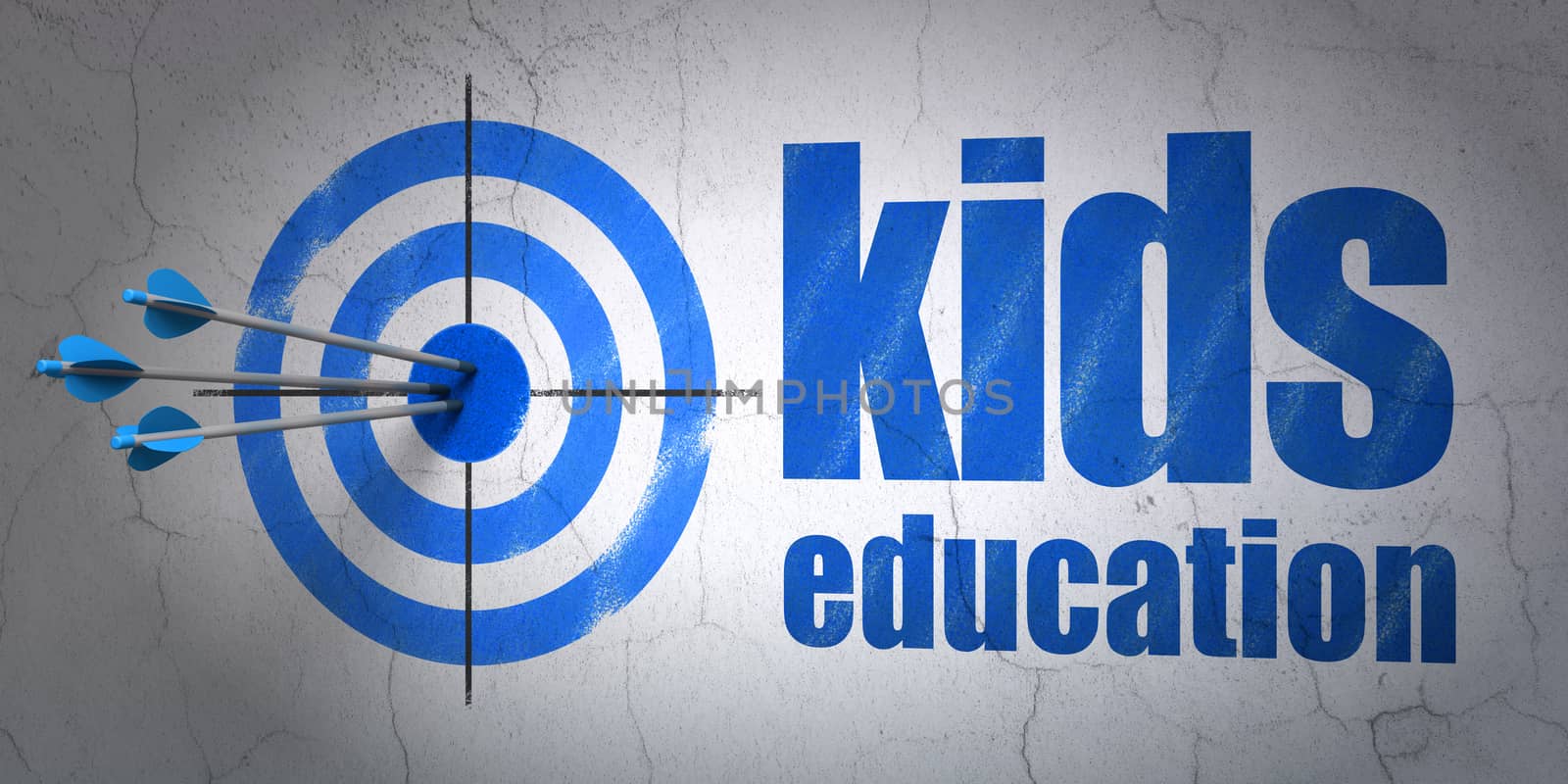 Success Education concept: arrows hitting the center of target, Blue Kids Education on wall background, 3D rendering