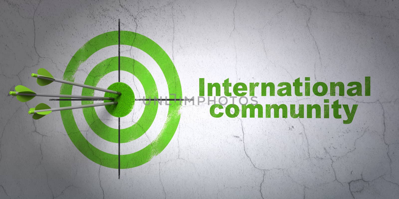 Success political concept: arrows hitting the center of target, Green International Community on wall background, 3D rendering