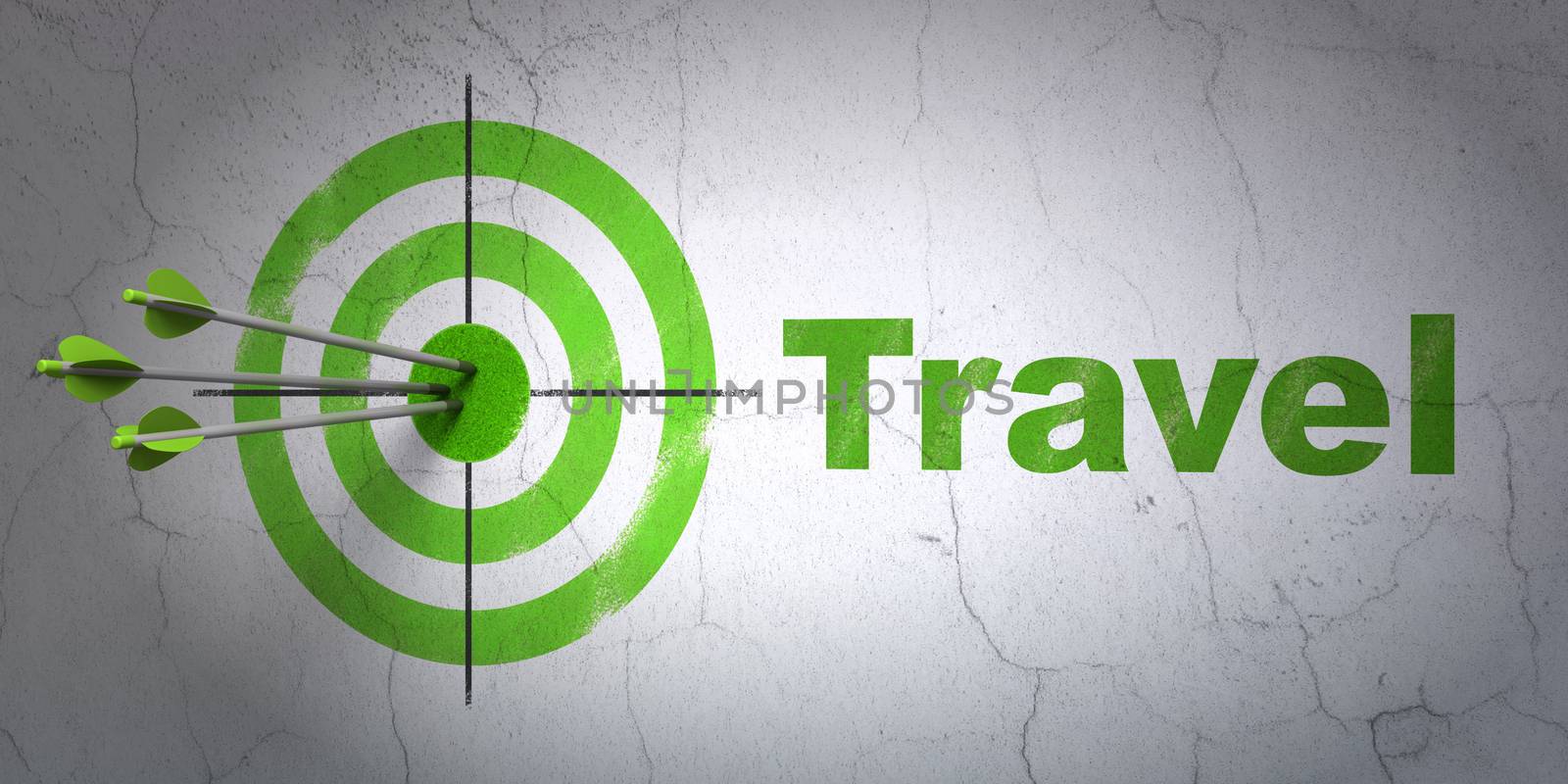 Success entertainment, concept: arrows hitting the center of target, Green Travel on wall background, 3D rendering