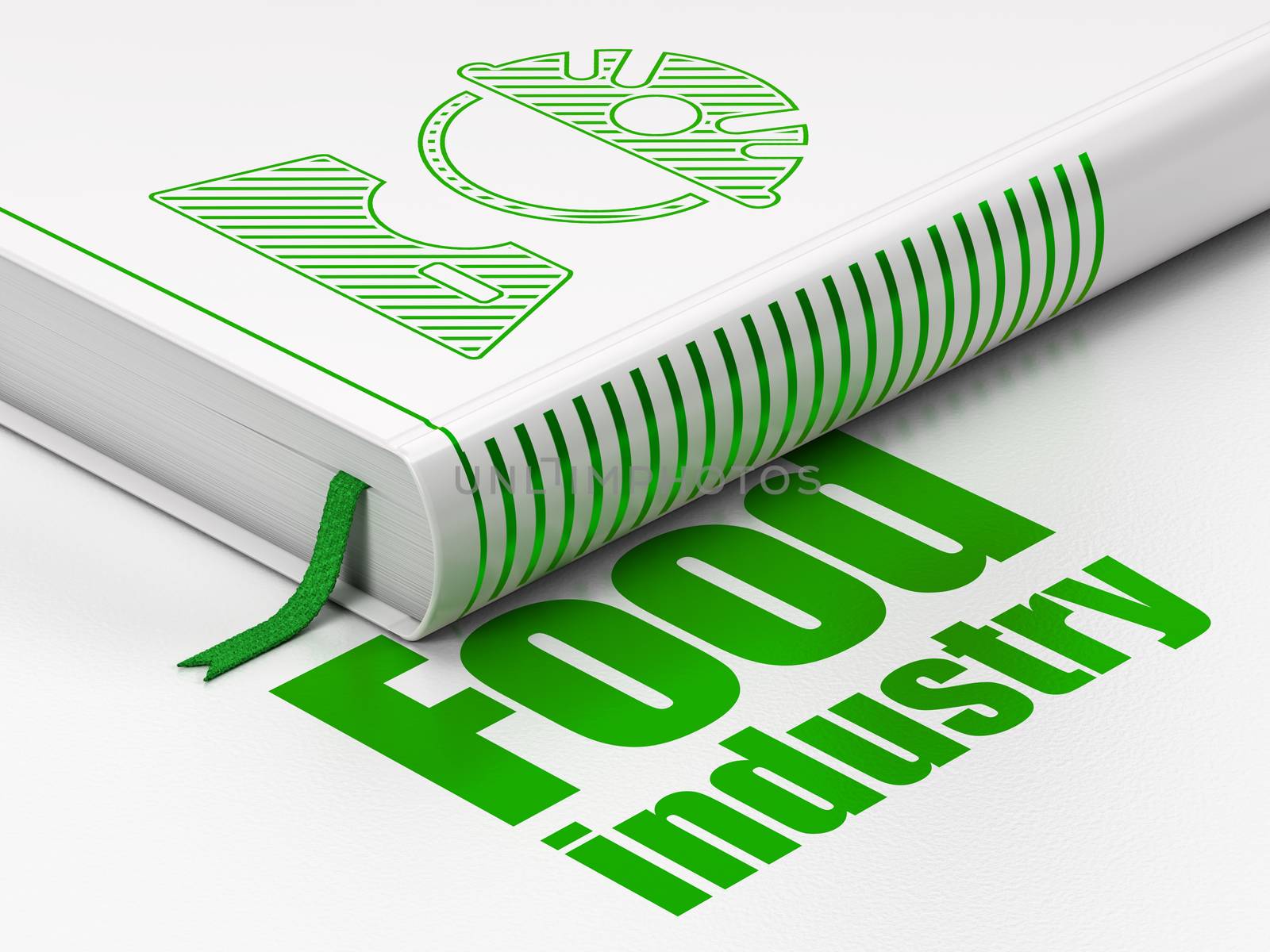 Manufacuring concept: closed book with Green Factory Worker icon and text Food Industry on floor, white background, 3D rendering