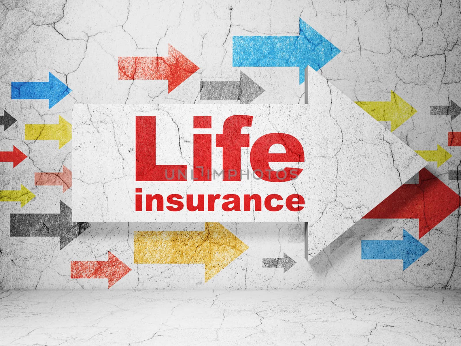 Insurance concept:  arrow with Life Insurance on grunge textured concrete wall background, 3D rendering