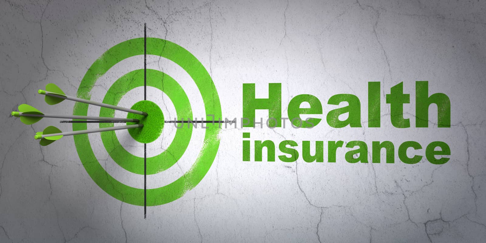 Success Insurance concept: arrows hitting the center of target, Green Health Insurance on wall background, 3D rendering