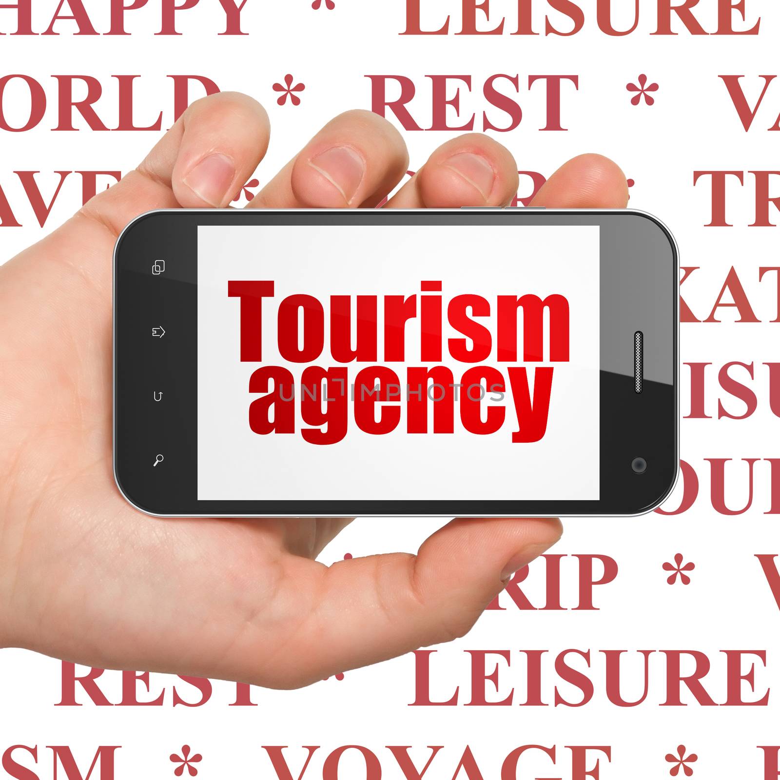 Tourism concept: Hand Holding Smartphone with Tourism Agency on display by maxkabakov