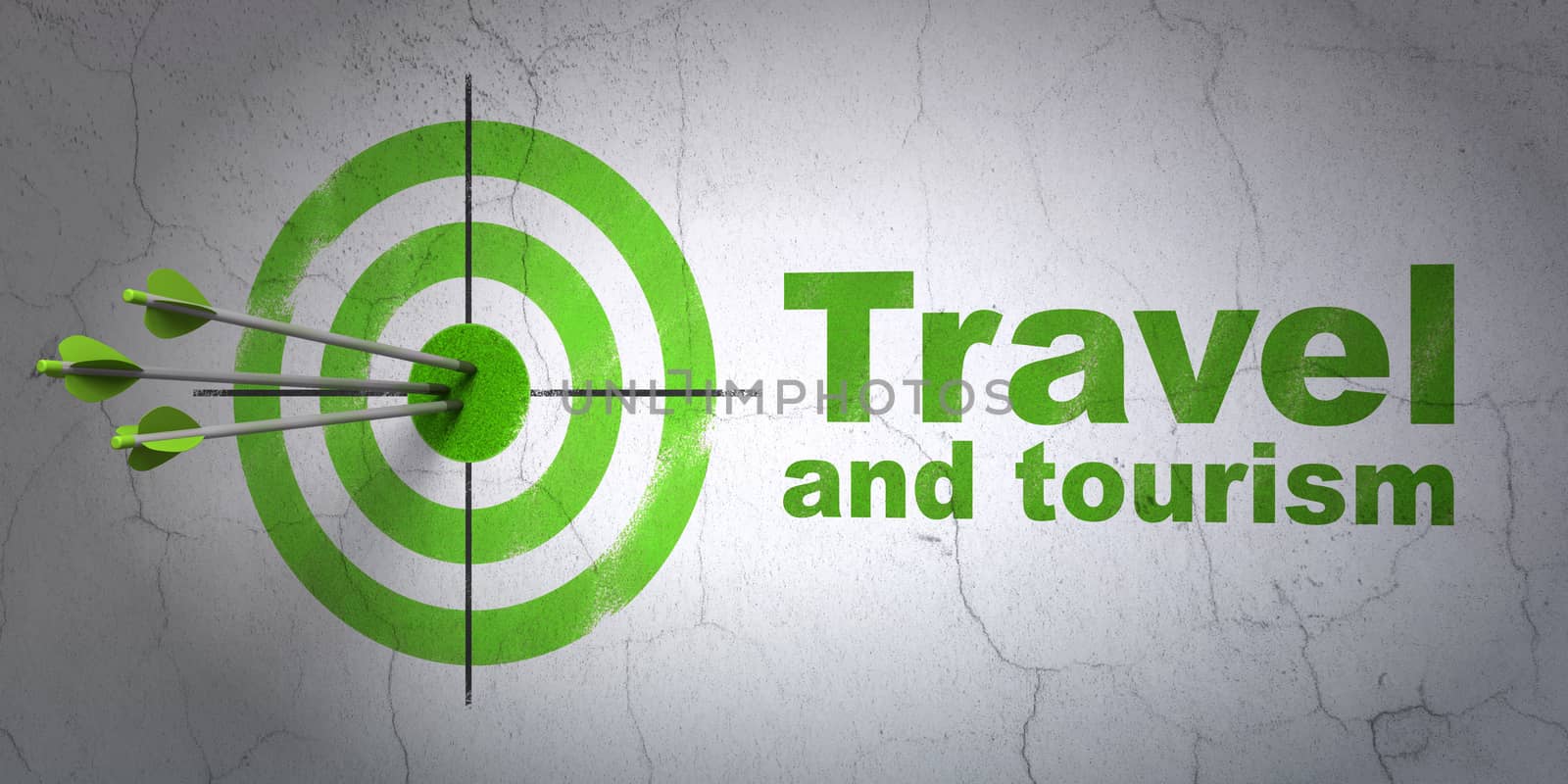 Success tourism concept: arrows hitting the center of target, Green Travel And Tourism on wall background, 3D rendering