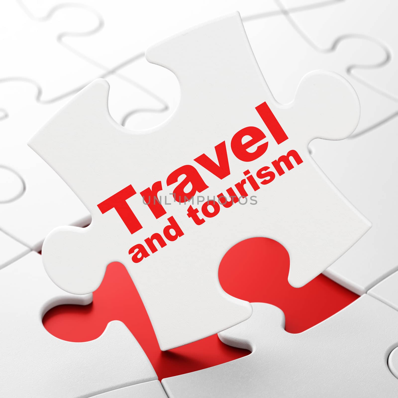 Vacation concept: Travel And Tourism on White puzzle pieces background, 3D rendering