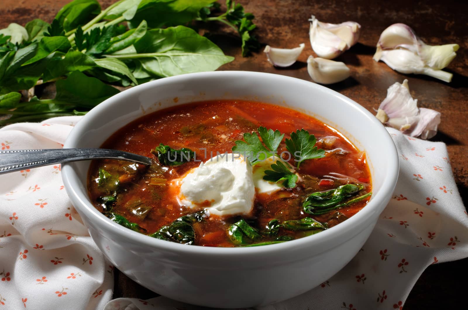 Vegetable bowl, tomato soup with spinach and sour cream. Horizontal shot.